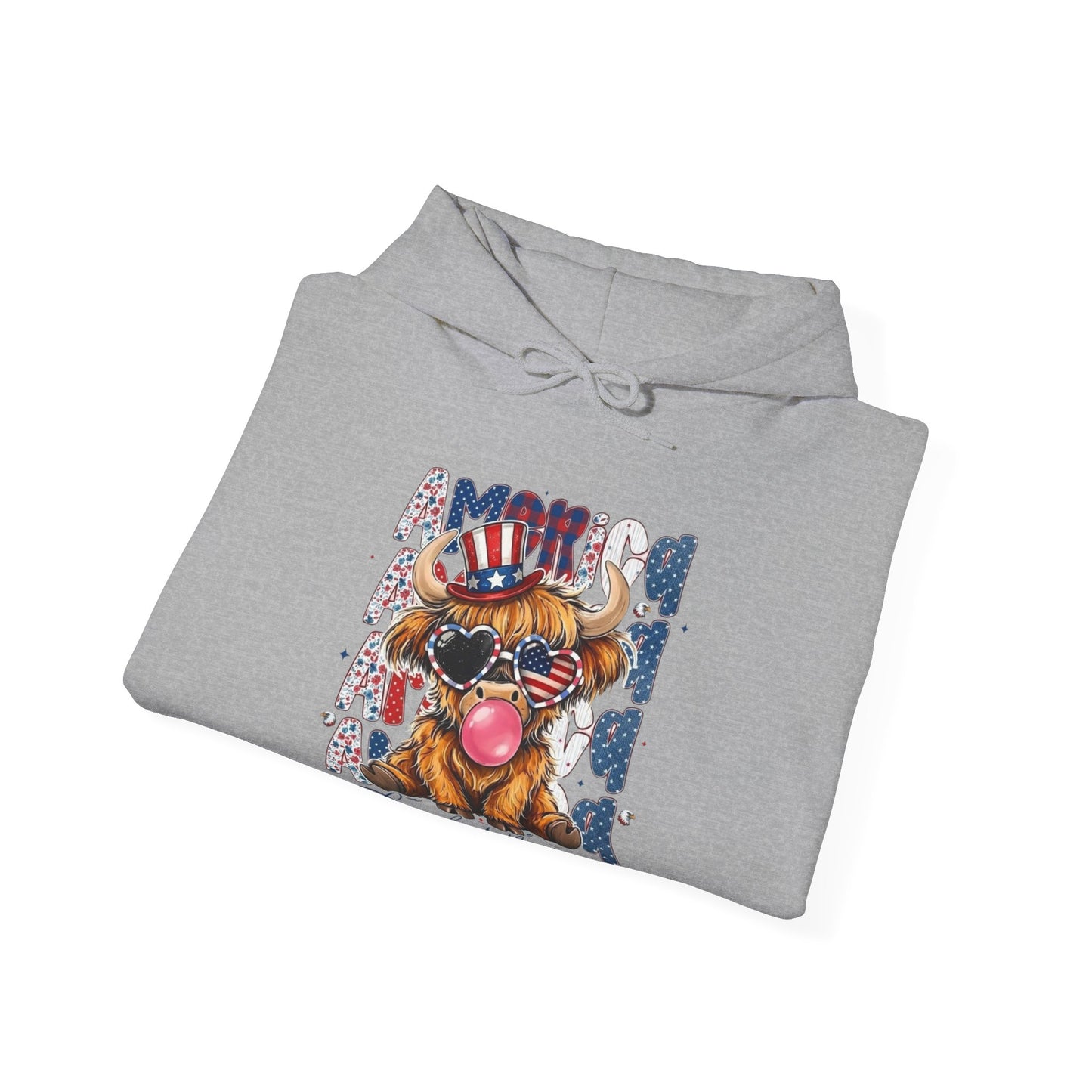 #250 American Flag Bubblegum Patriotic Highland Cow Hoodie