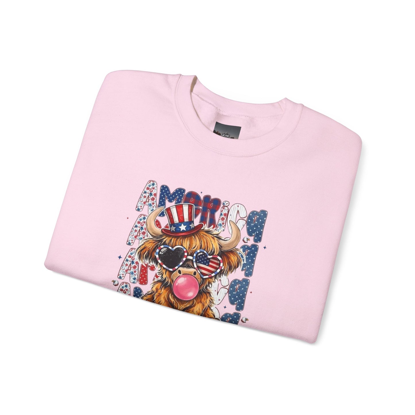 #250 American Flag Bubblegum Patriotic Highland Cow Sweatshirt