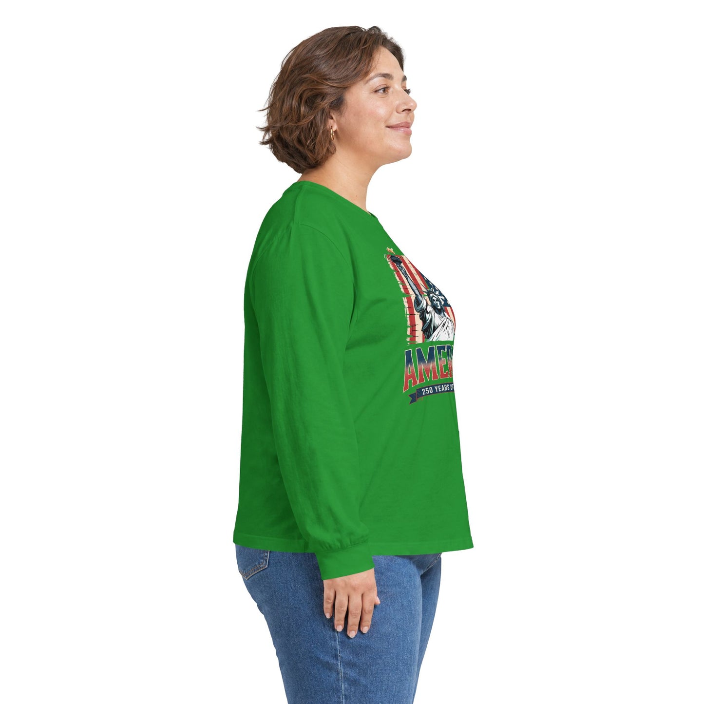 #250 Statue of Liberty American Flag 'America' Patriotic Independence Day Long Sleeve Tee