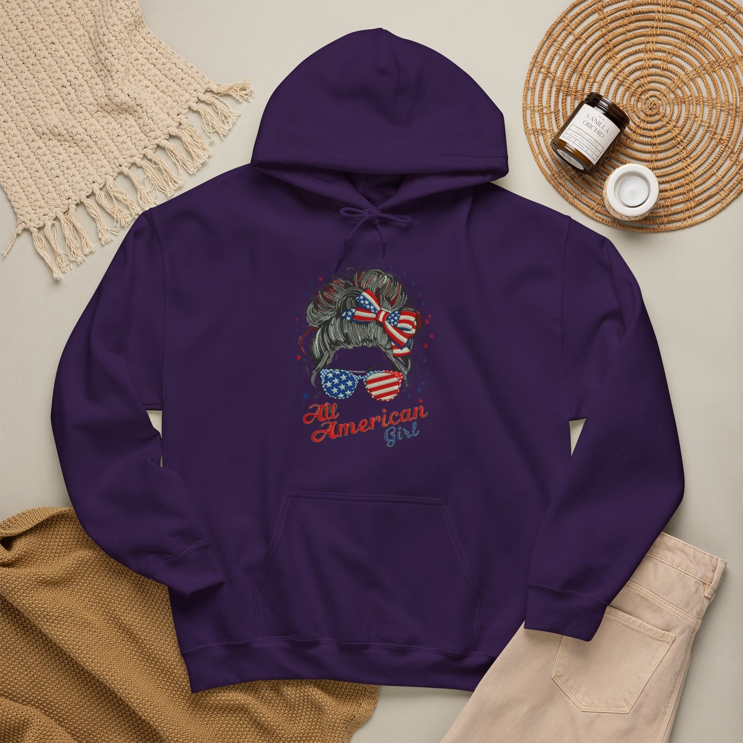 #250 "All American Girl" Patriotic Messy Bun Hoodie