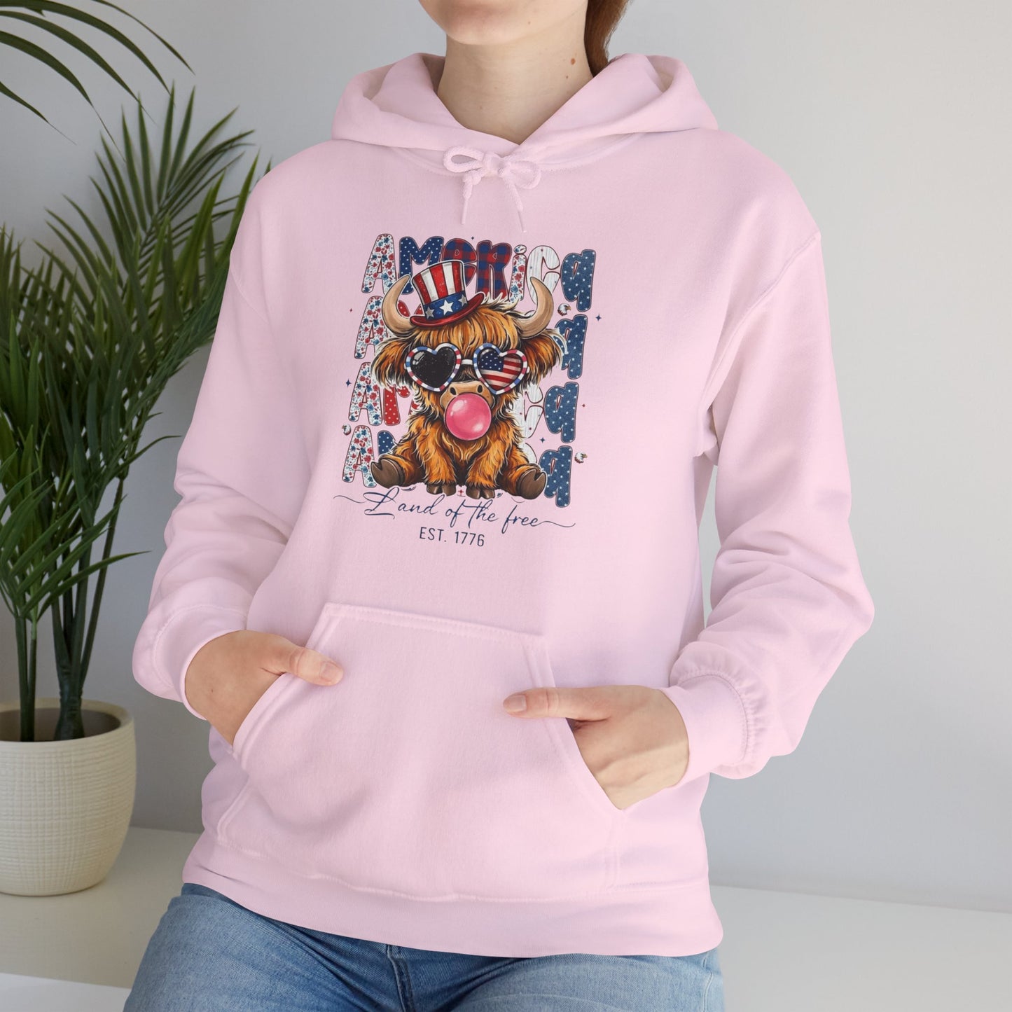 #250 American Flag Bubblegum Patriotic Highland Cow Hoodie