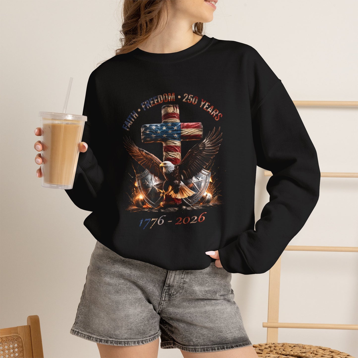 #250 Faith • Freedom 250 Years American Flag Cross & Eagle 1776-2026 Crewneck Sweatshirt