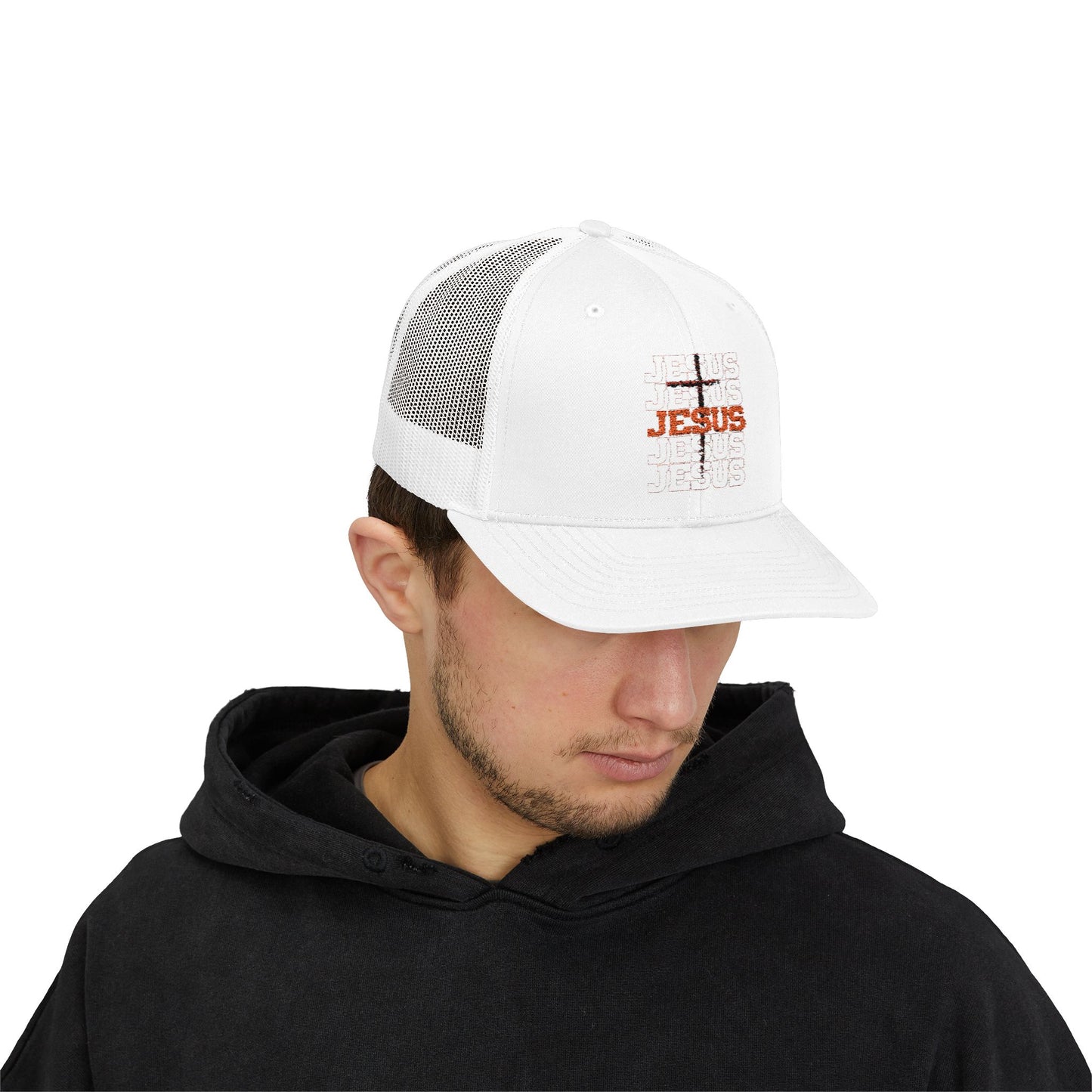 Jesus Cross Red Text Black Cross Graphic Trucker Cap — Faith-Based Snapback Hat