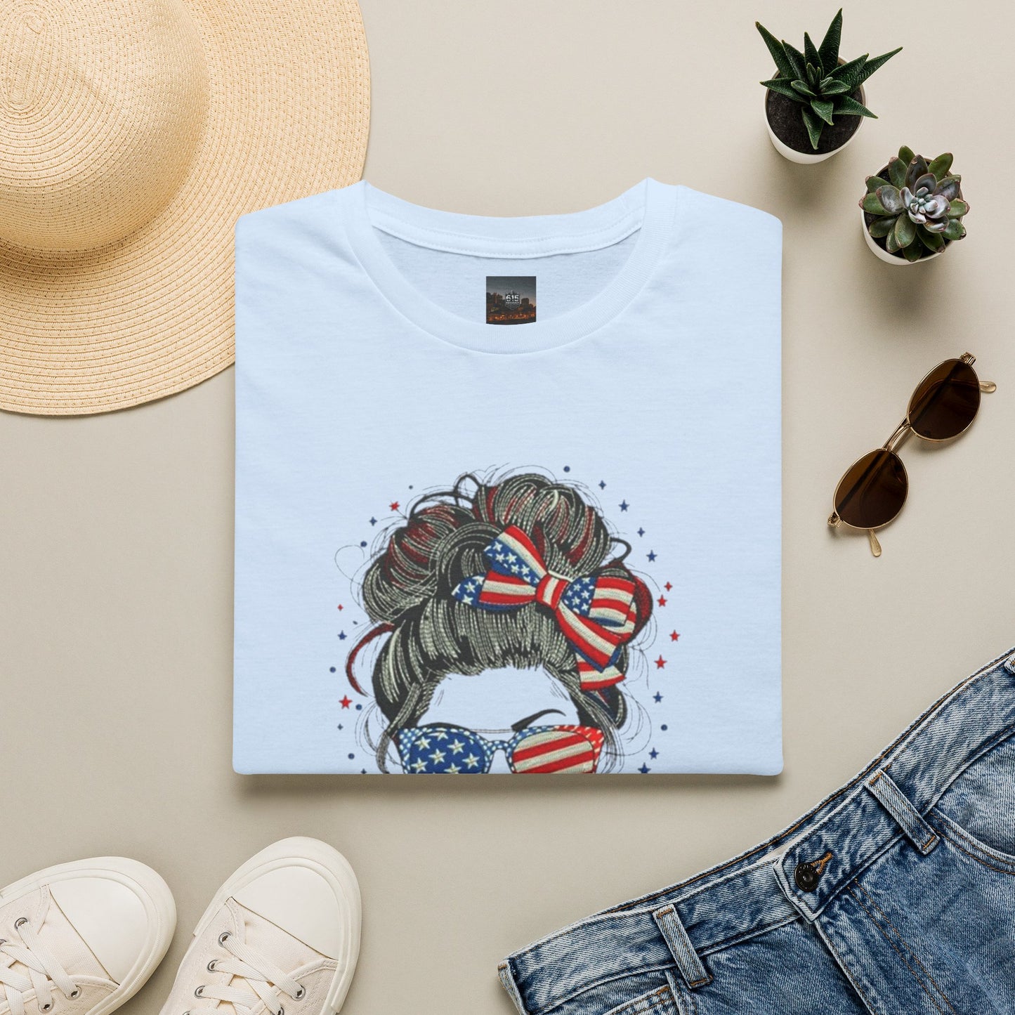 #250 "All American Girl" Patriotic Messy Bun T-Shirt