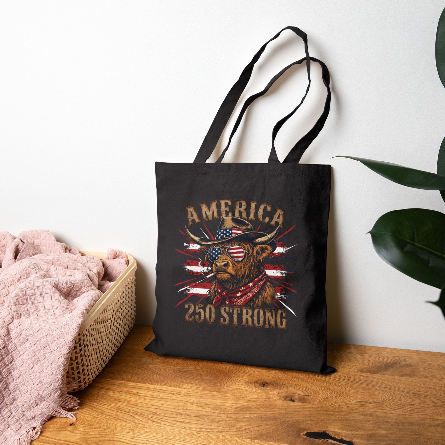 #250 America 250 Strong Patriotic Bull with American Flag Canvas Tote Bag