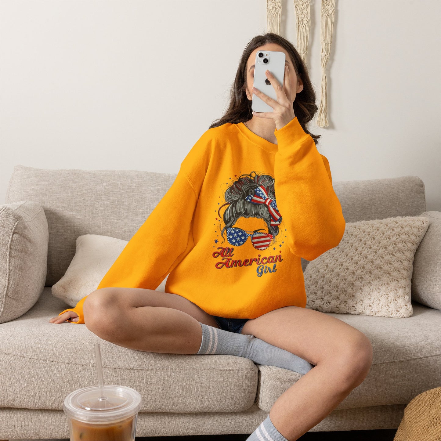 #250 "All American Girl" Patriotic Messy Bun Sweatshirt