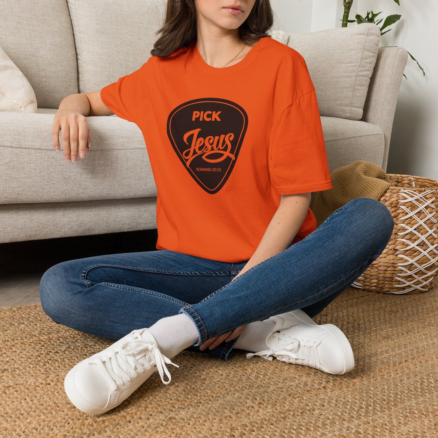 Pick Jesus T-Shirt — Christian Guitar Pick Design (Romans 10:13)