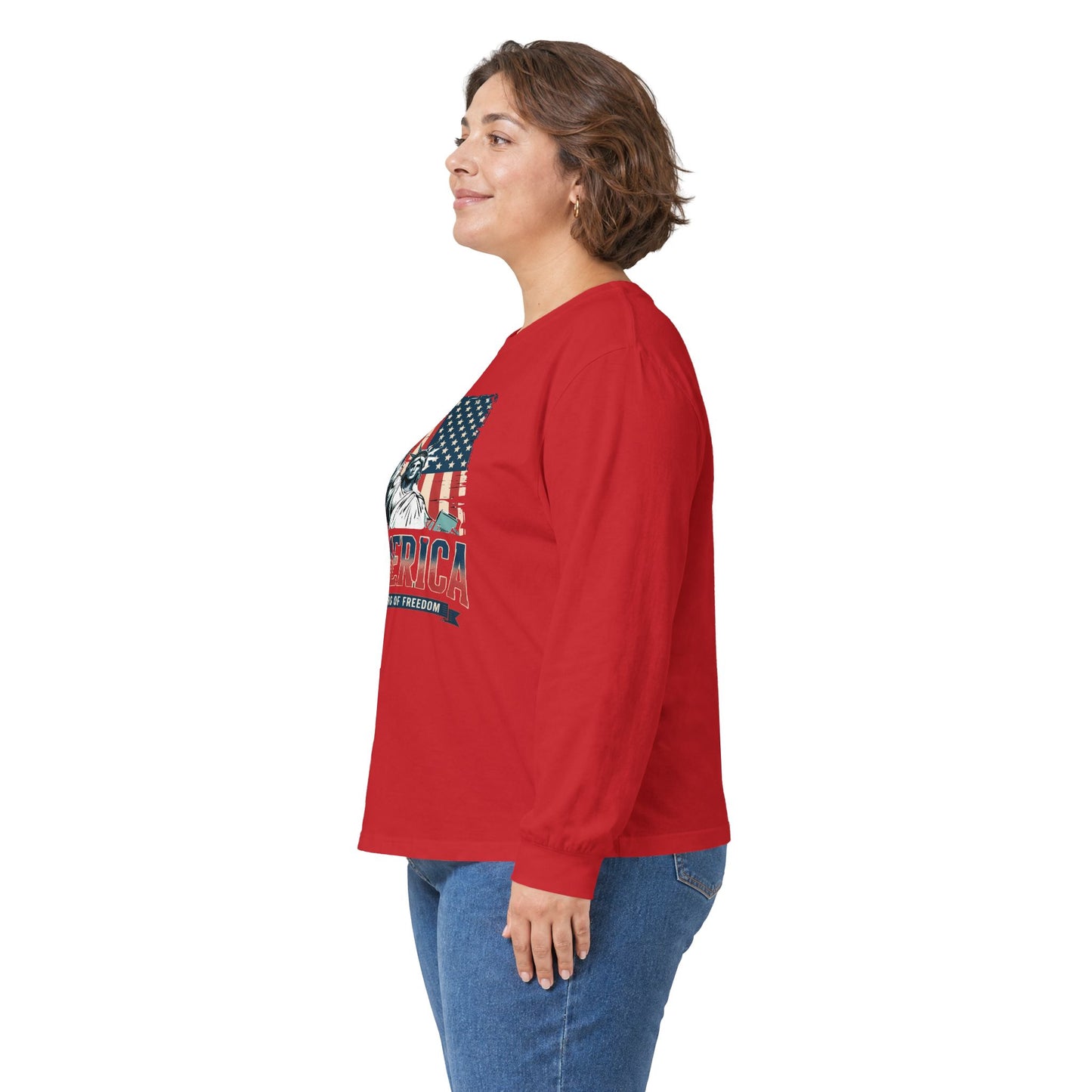 #250 Statue of Liberty American Flag 'America' Patriotic Independence Day Long Sleeve Tee