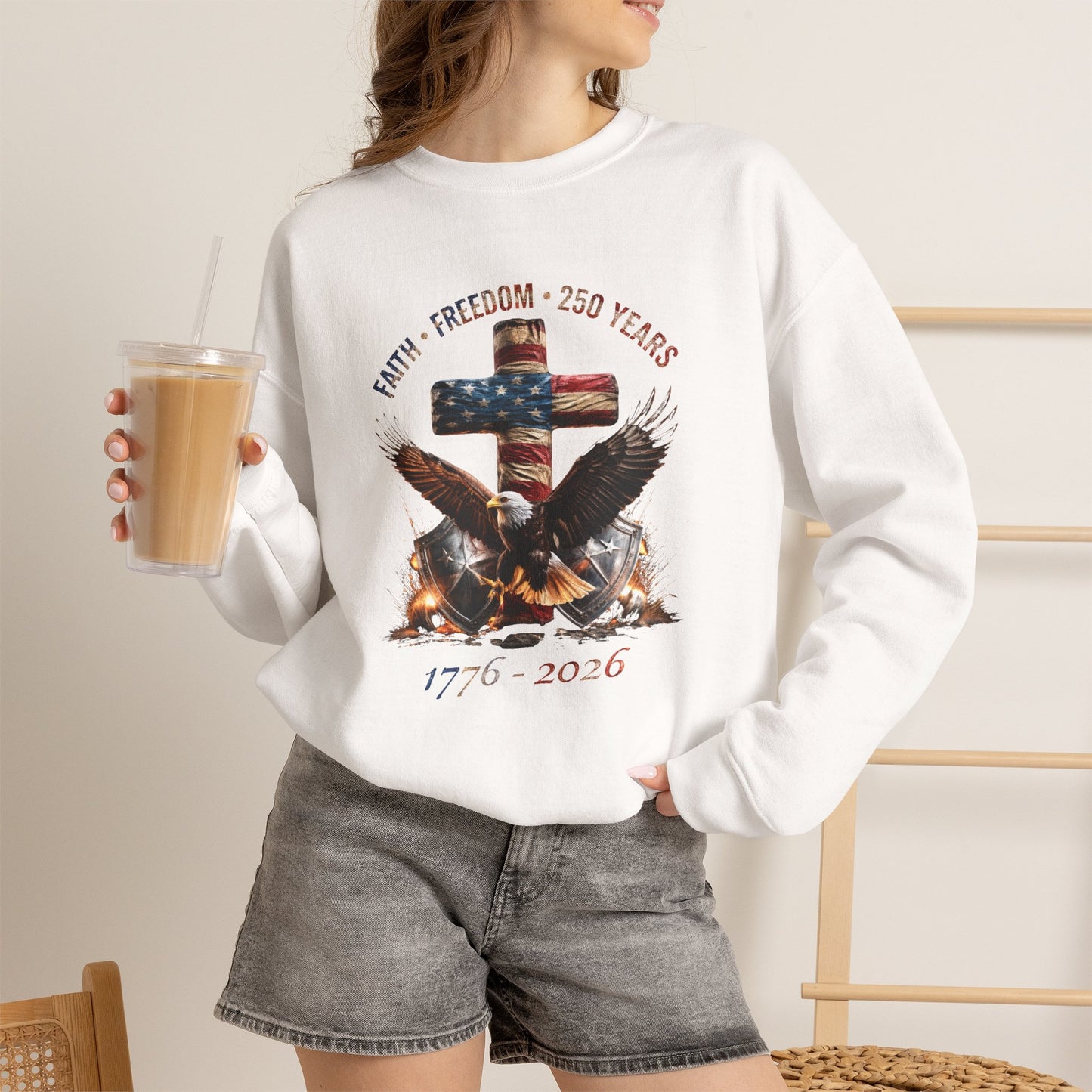 #250 Faith • Freedom 250 Years American Flag Cross & Eagle 1776-2026 Crewneck Sweatshirt