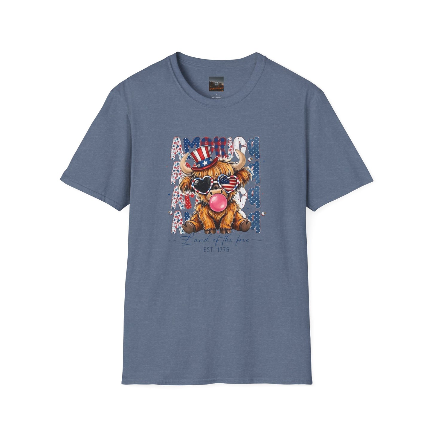 #250 American Flag Bubblegum Patriotic Highland Cow T-Shirt