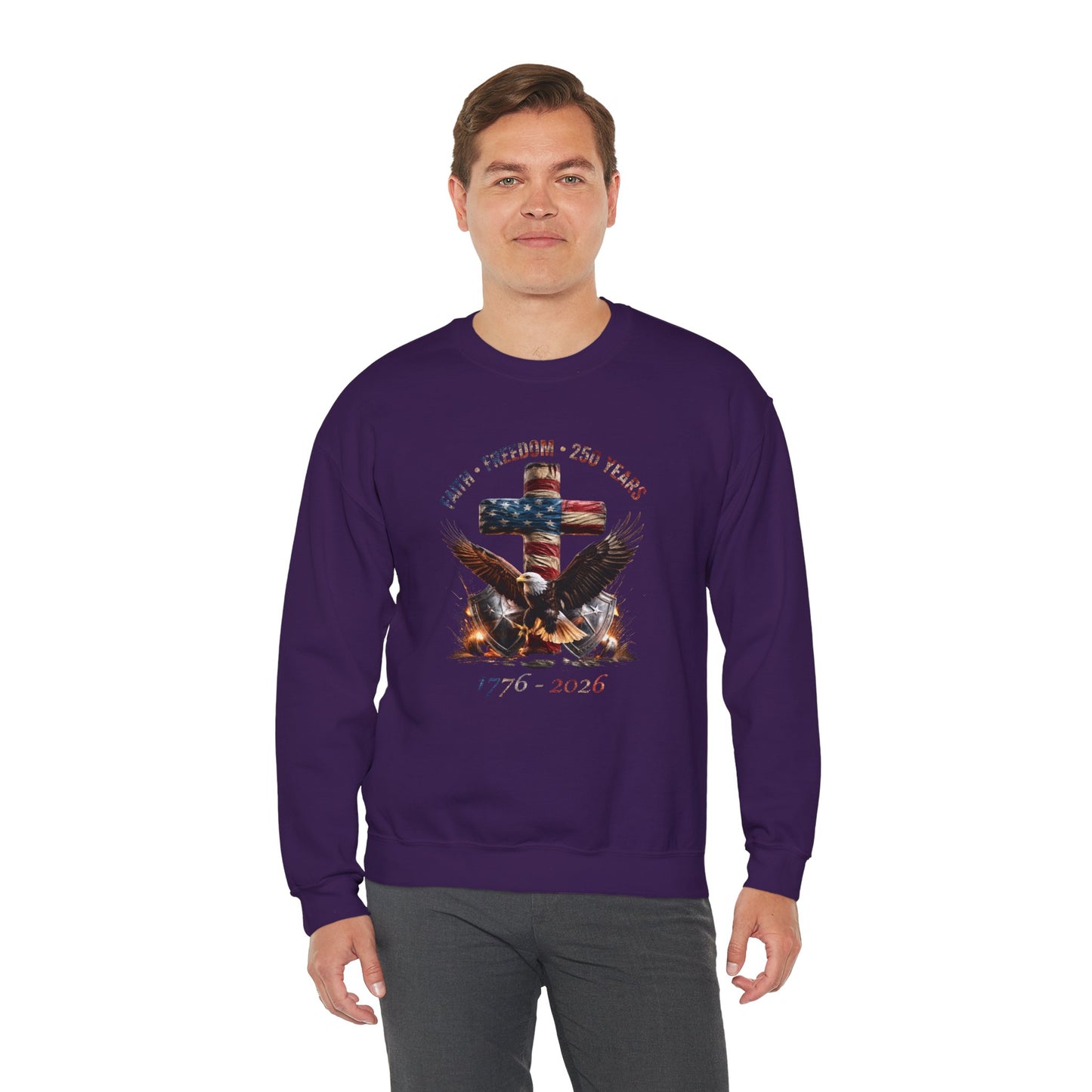 #250 Faith • Freedom 250 Years American Flag Cross & Eagle 1776-2026 Crewneck Sweatshirt
