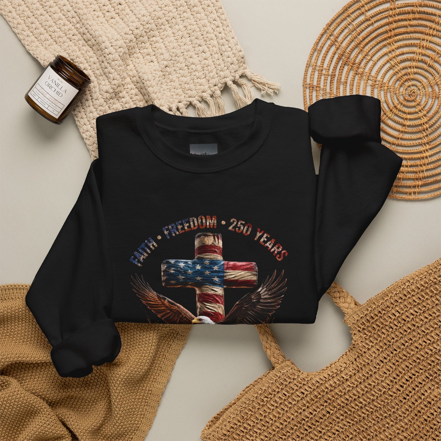 #250 Faith • Freedom 250 Years American Flag Cross & Eagle 1776-2026 Crewneck Sweatshirt