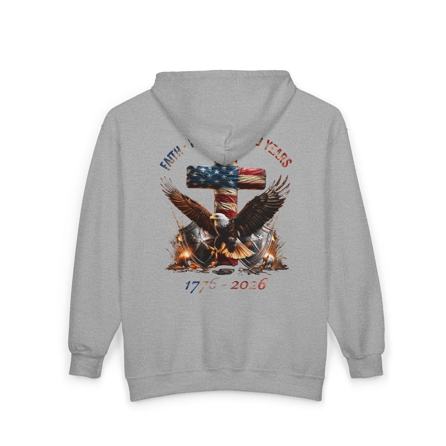 #250 Faith • Freedom 250 Years American Flag Cross & Eagle 1776-2026 Zip Hoodie