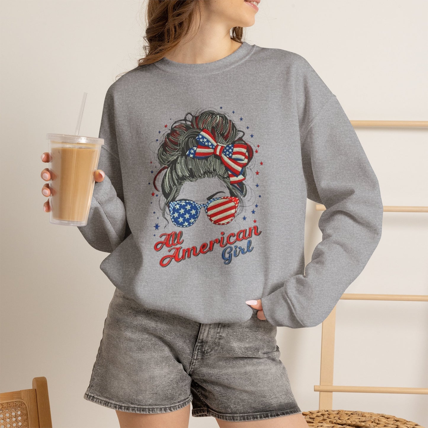 #250 "All American Girl" Patriotic Messy Bun Sweatshirt