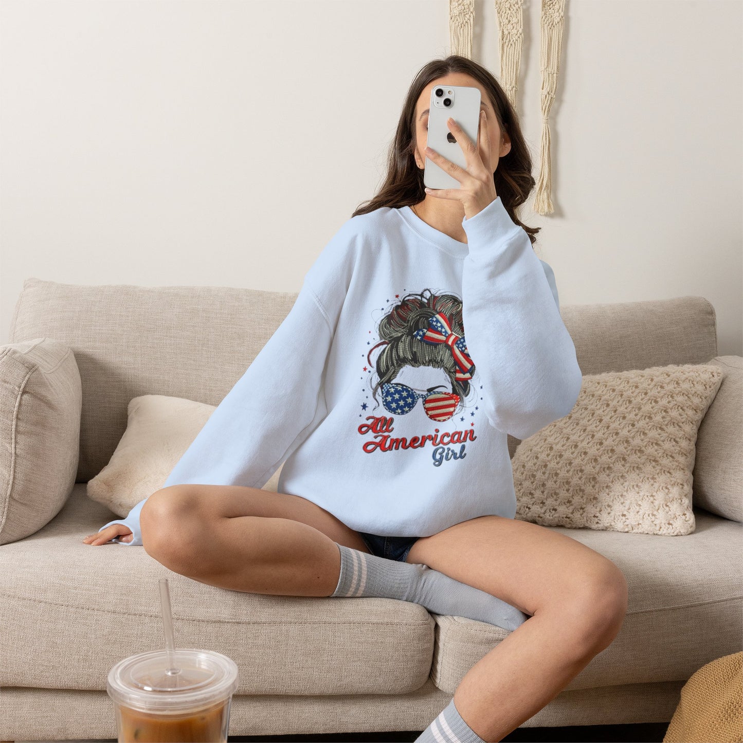 #250 "All American Girl" Patriotic Messy Bun Sweatshirt