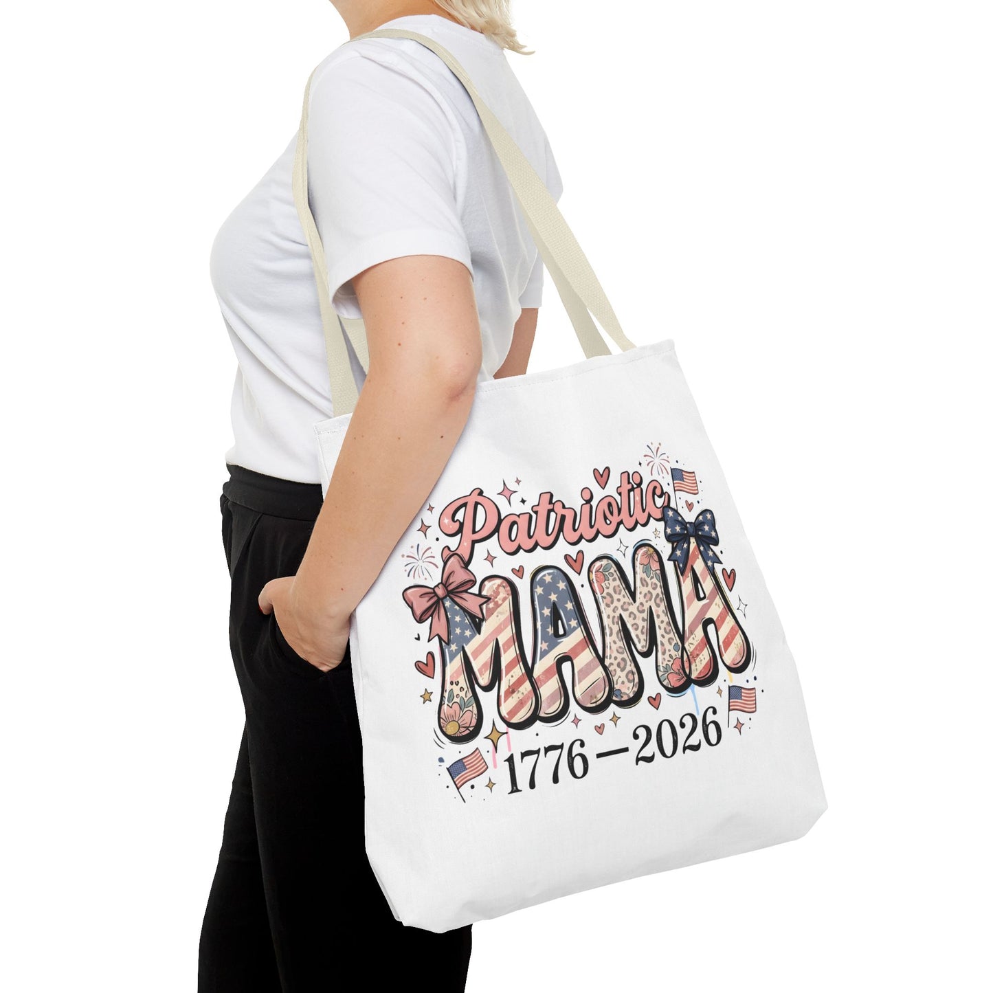 #250 Patriotic Mama 1776–2026 American Flag Tote Bag