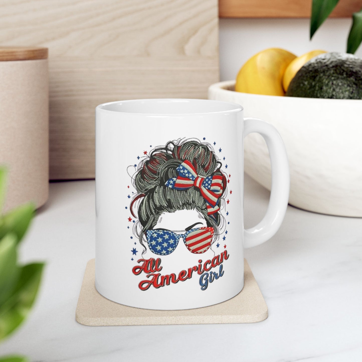 #250 "All American Girl" Patriotic Messy Bun Ceramic Mug - 11oz & 15oz