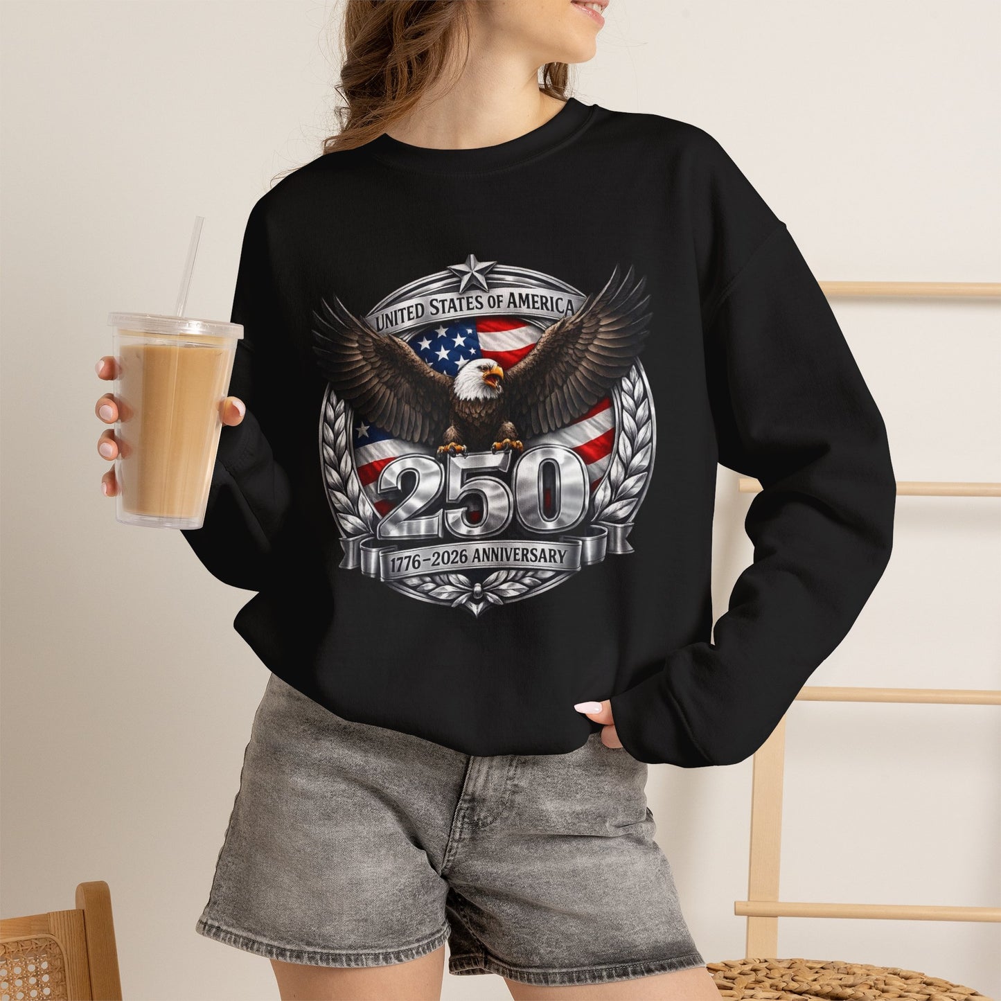 #250 Patriotic Bald Eagle 250 United States Emblem Crewneck Sweatshirt