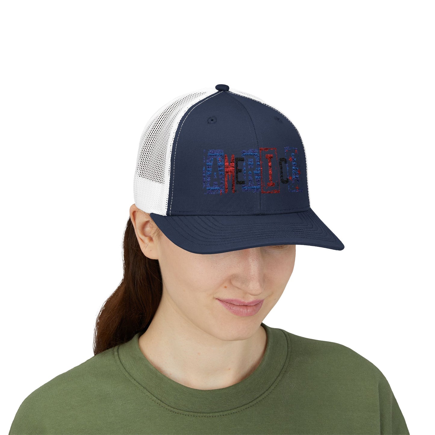 #250 America Retro Block Text Patriotic Snapback Trucker Cap