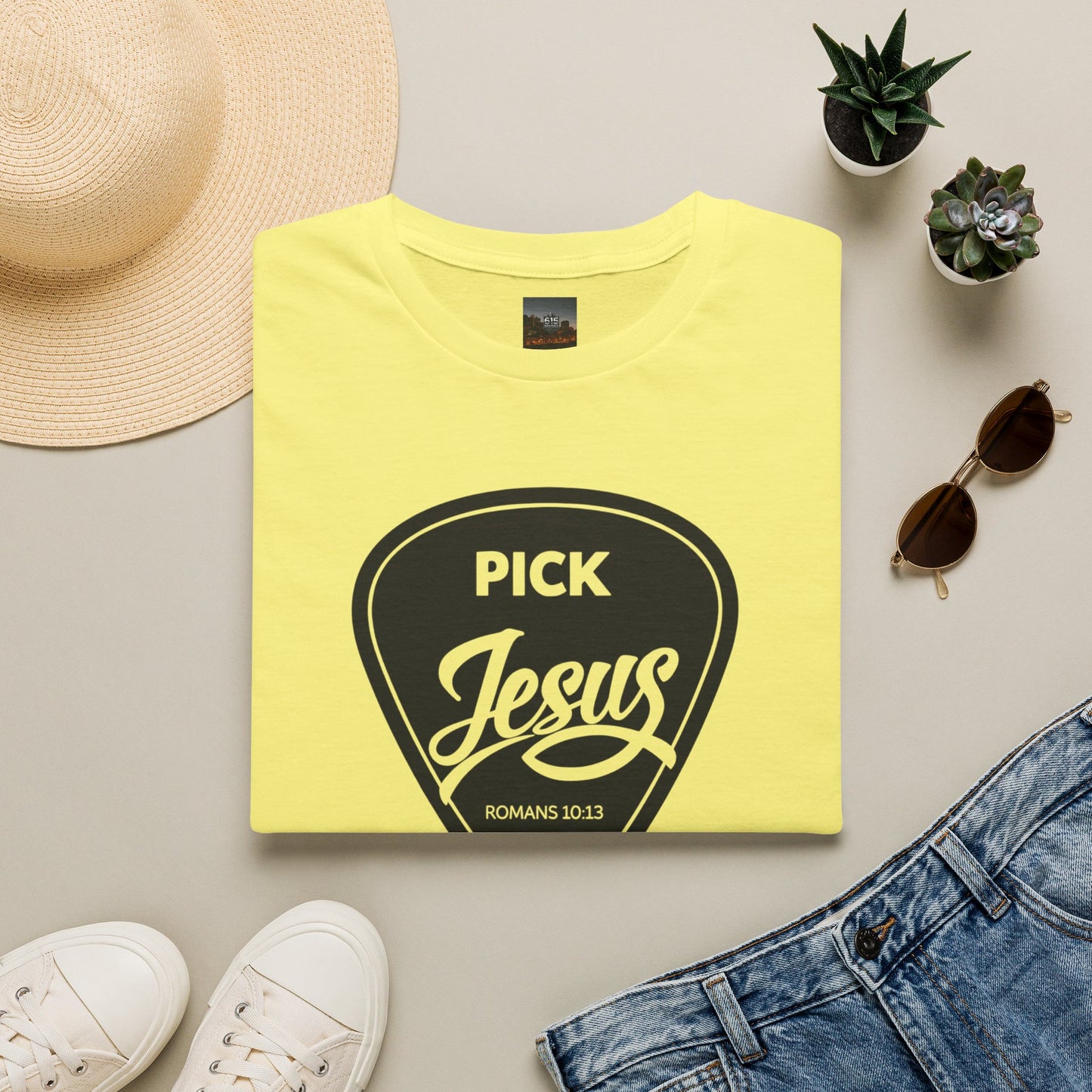 Pick Jesus T-Shirt — Christian Guitar Pick Design (Romans 10:13)