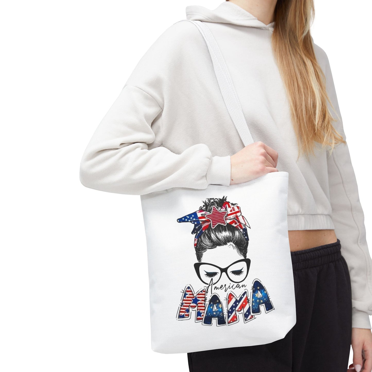 #250 Mama USA Flag Messy Bun Tote Bag