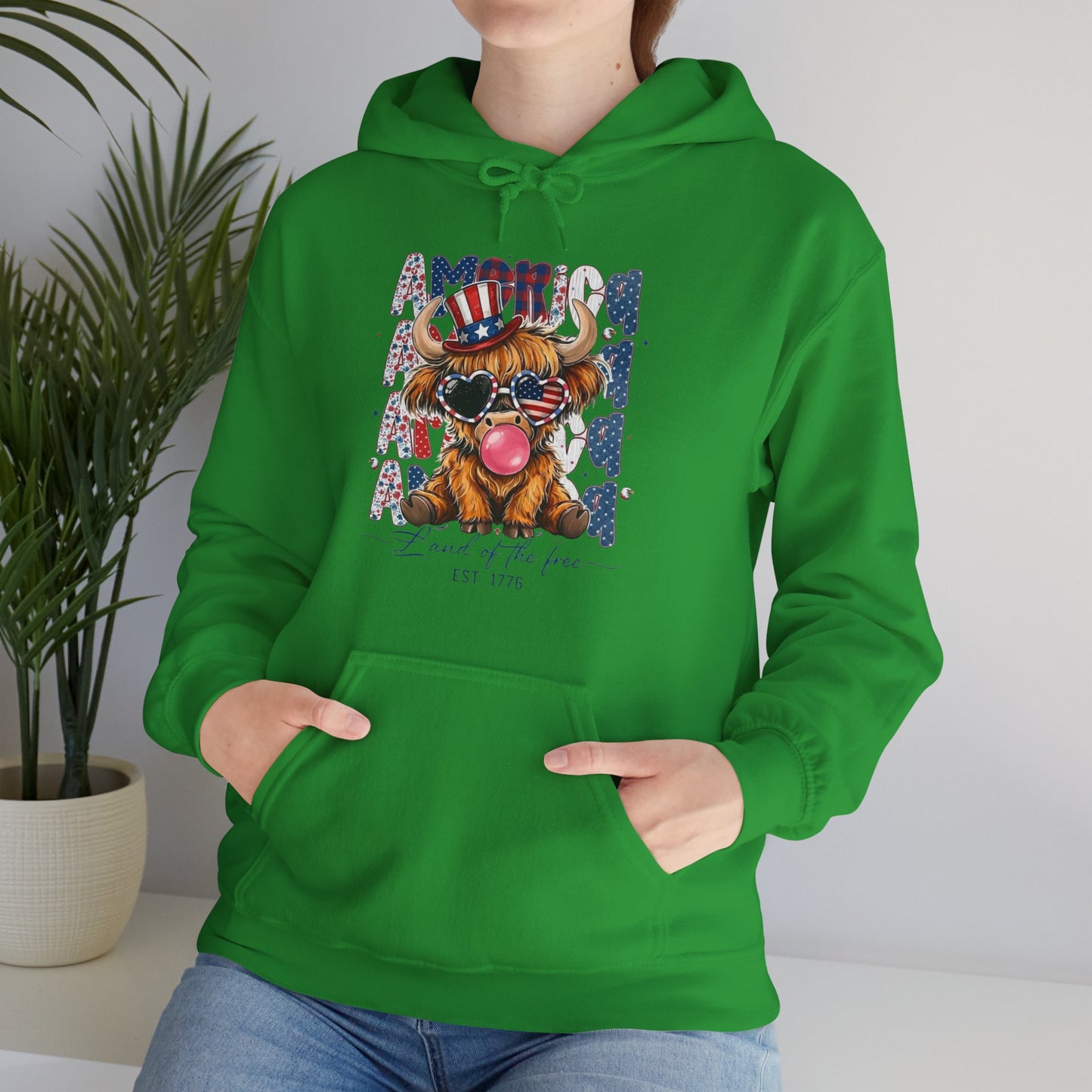 #250 American Flag Bubblegum Patriotic Highland Cow Hoodie