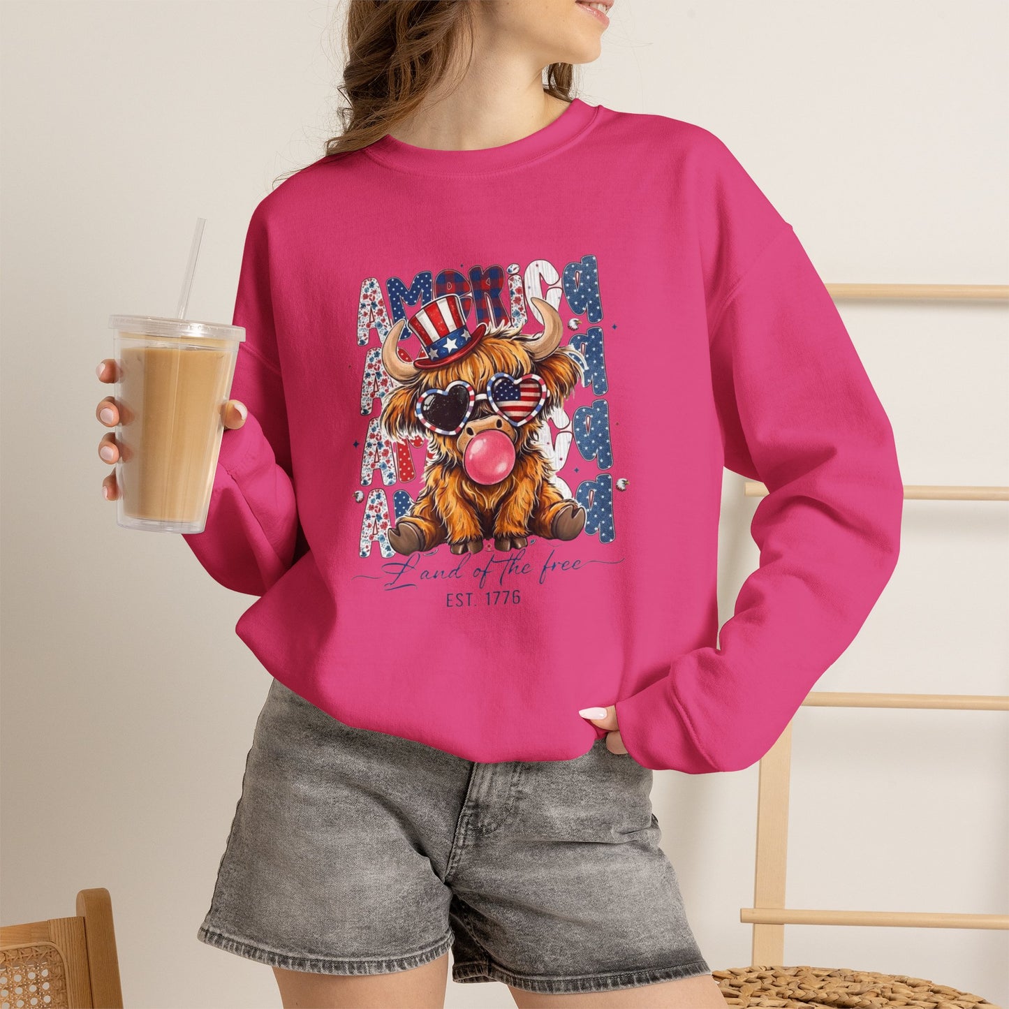 #250 American Flag Bubblegum Patriotic Highland Cow Sweatshirt