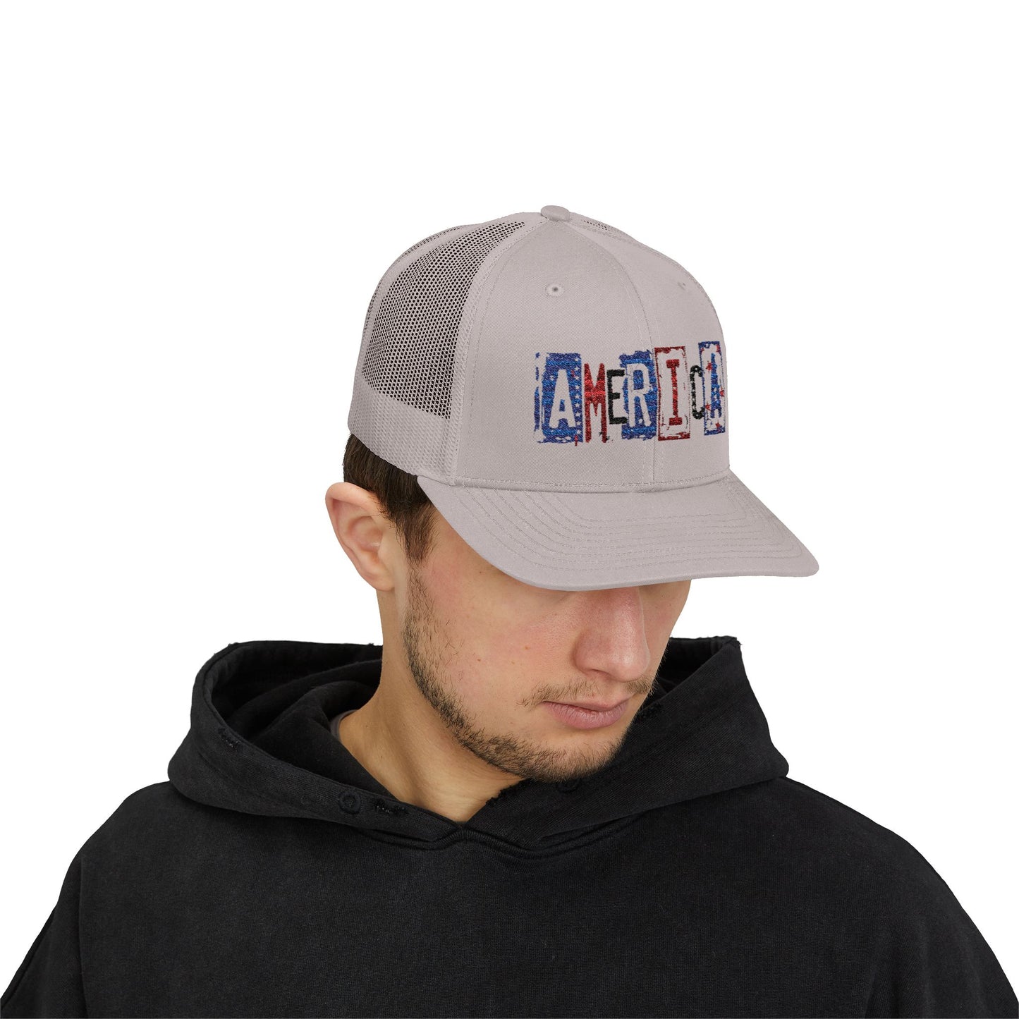 #250 America Retro Block Text Patriotic Snapback Trucker Cap