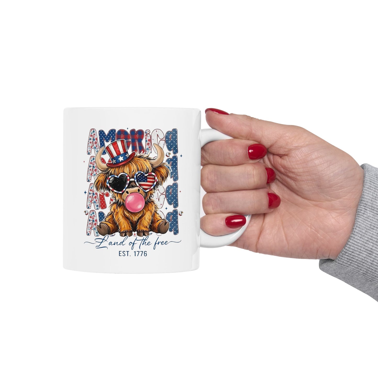 #250 American Flag Bubblegum Patriotic Highland Cow Ceramic Mug - 11oz & 15oz