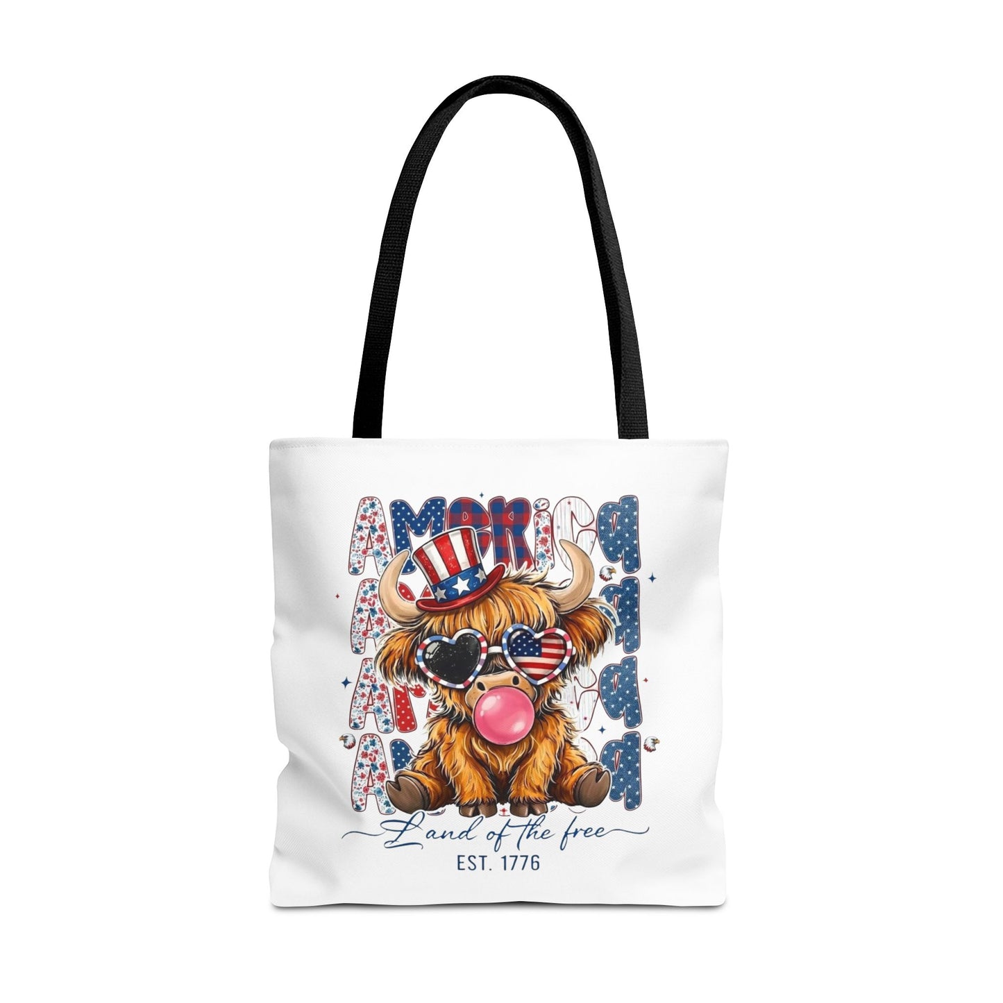 #250 American Flag Bubblegum Patriotic Highland Cow Tote Bag