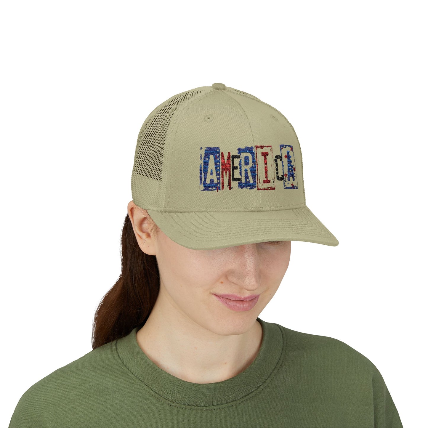 #250 America Retro Block Text Patriotic Snapback Trucker Cap