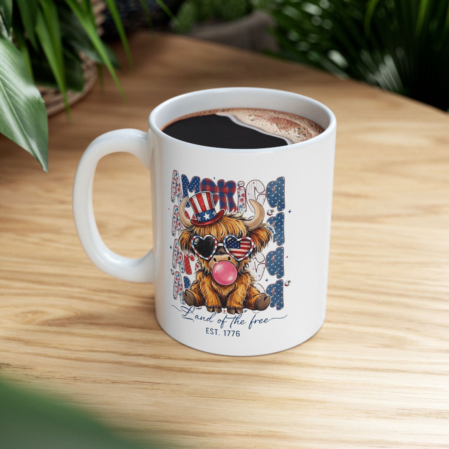 #250 American Flag Bubblegum Patriotic Highland Cow Ceramic Mug - 11oz & 15oz