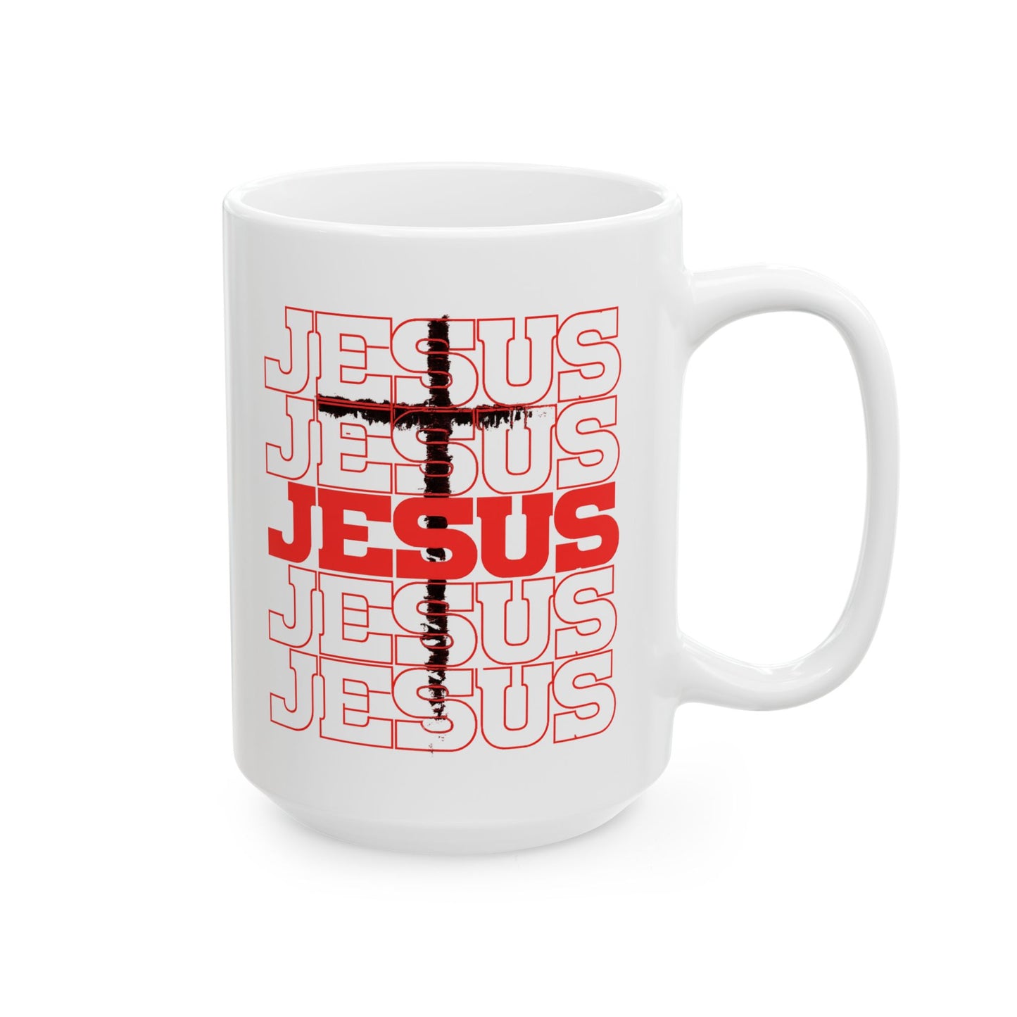 Jesus Cross Red Text Black Cross Graphic Ceramic Mug — Faith Coffee Cup (11oz & 15oz)