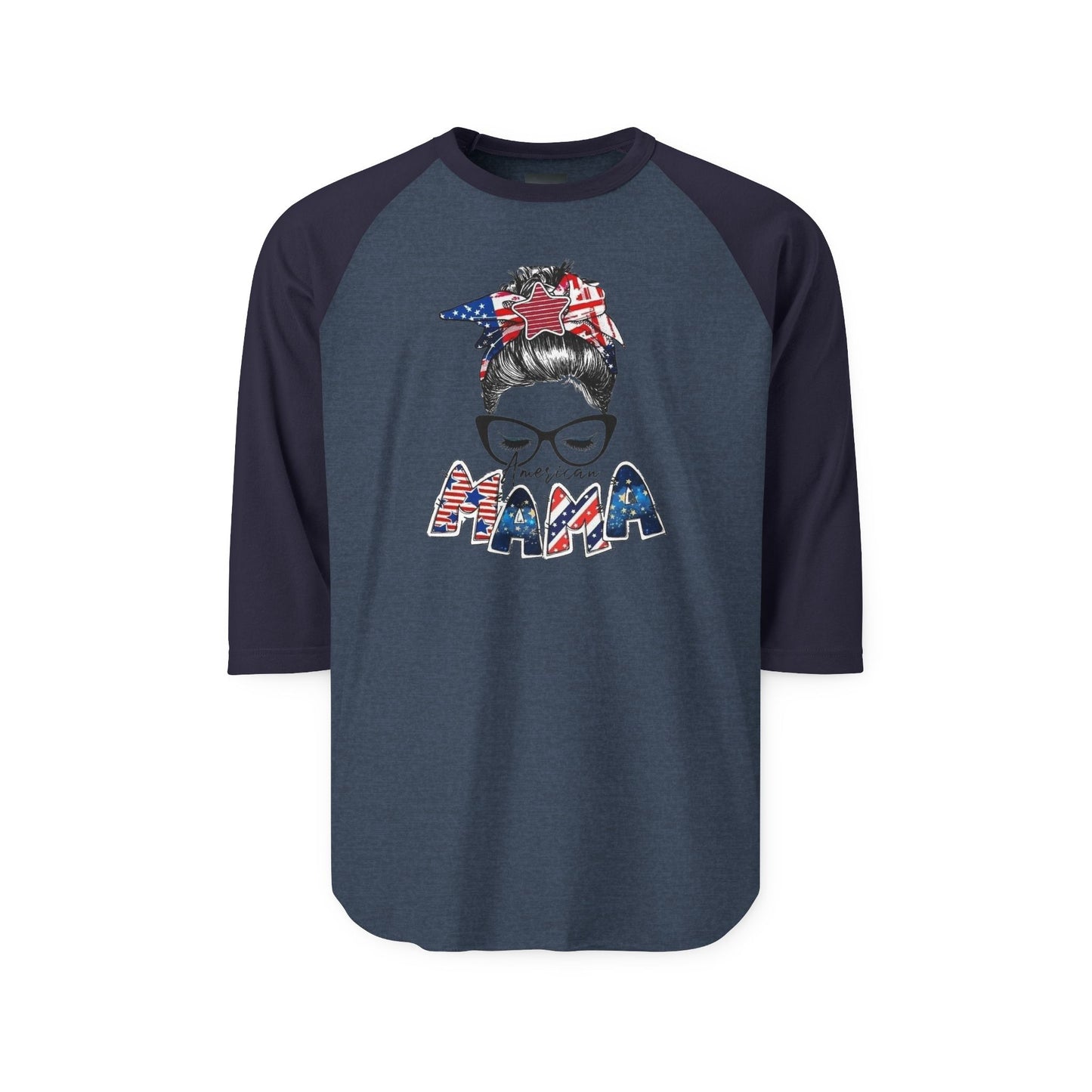 #250 Mama USA Flag Messy Bun Raglan 3/4 Sleeve Baseball Tee