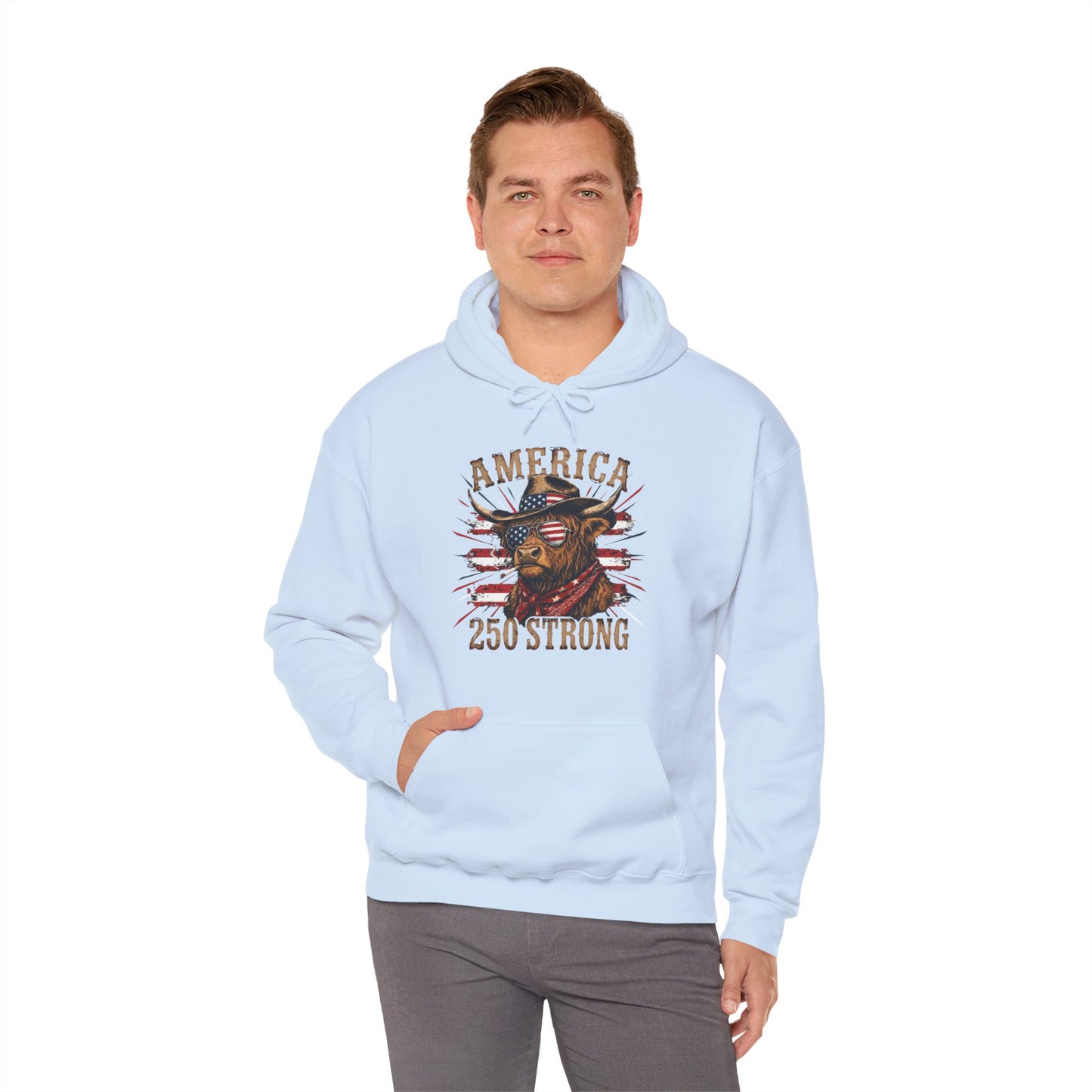 #250 America 250 Strong Patriotic Bull with American Flag Hoodie