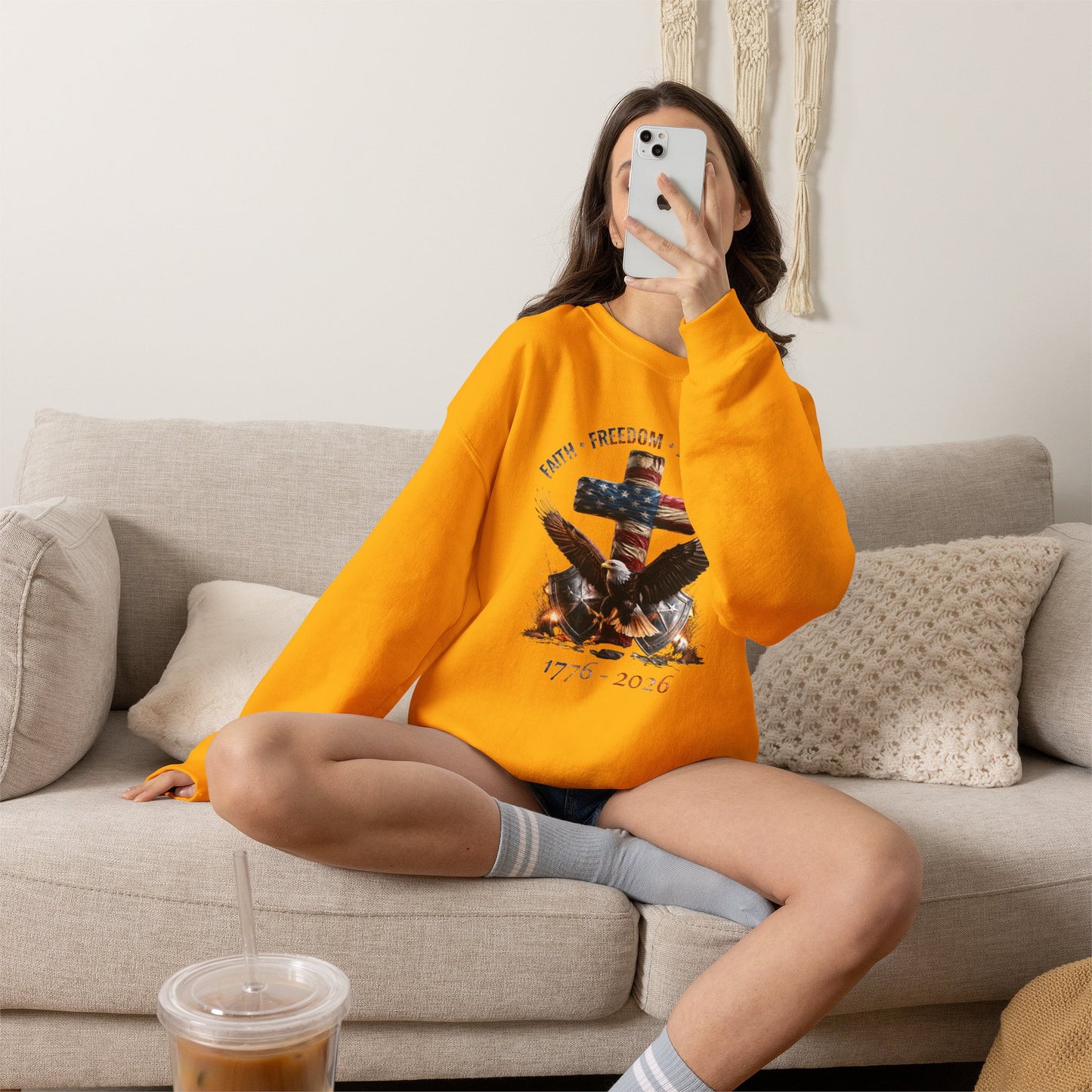 #250 Faith • Freedom 250 Years American Flag Cross & Eagle 1776-2026 Crewneck Sweatshirt