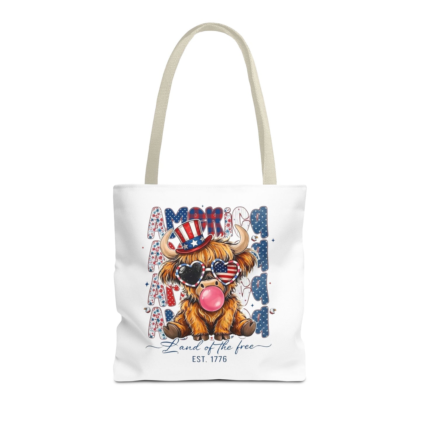 #250 American Flag Bubblegum Patriotic Highland Cow Tote Bag