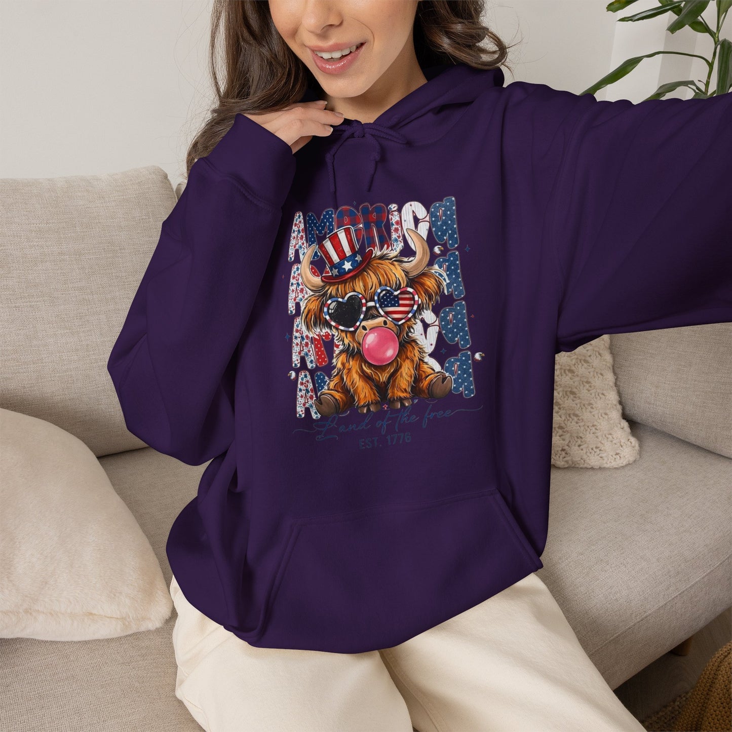 #250 American Flag Bubblegum Patriotic Highland Cow Hoodie