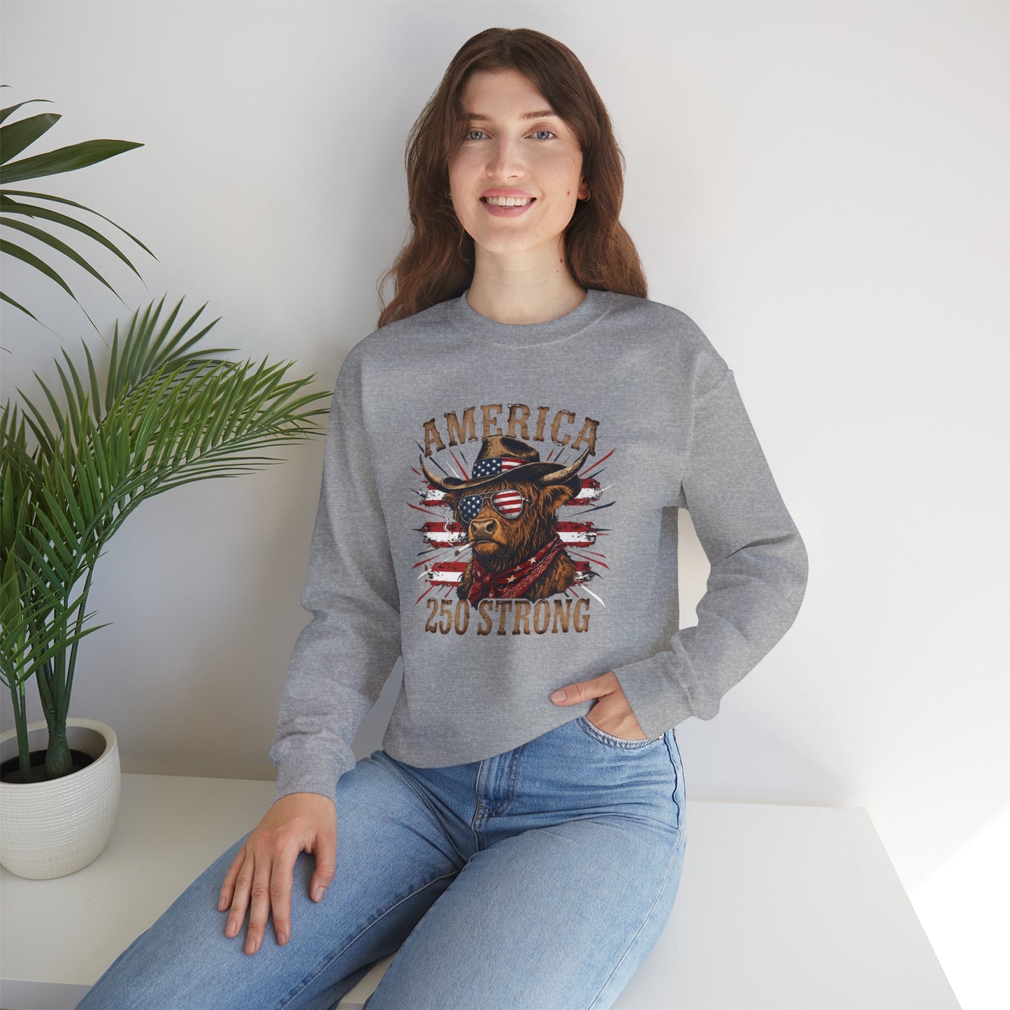 #250 America 250 Strong Patriotic Bull with American Flag Sweatshirt