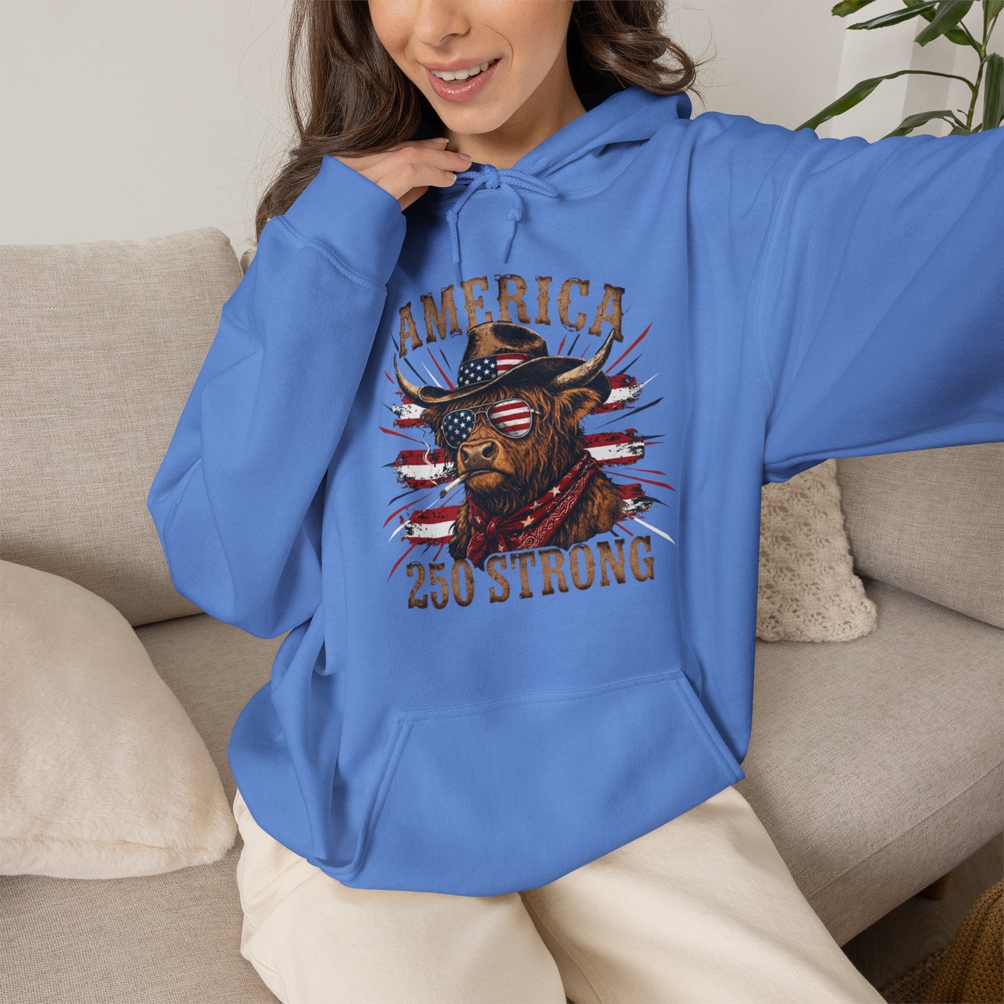 #250 America 250 Strong Patriotic Bull with American Flag Hoodie