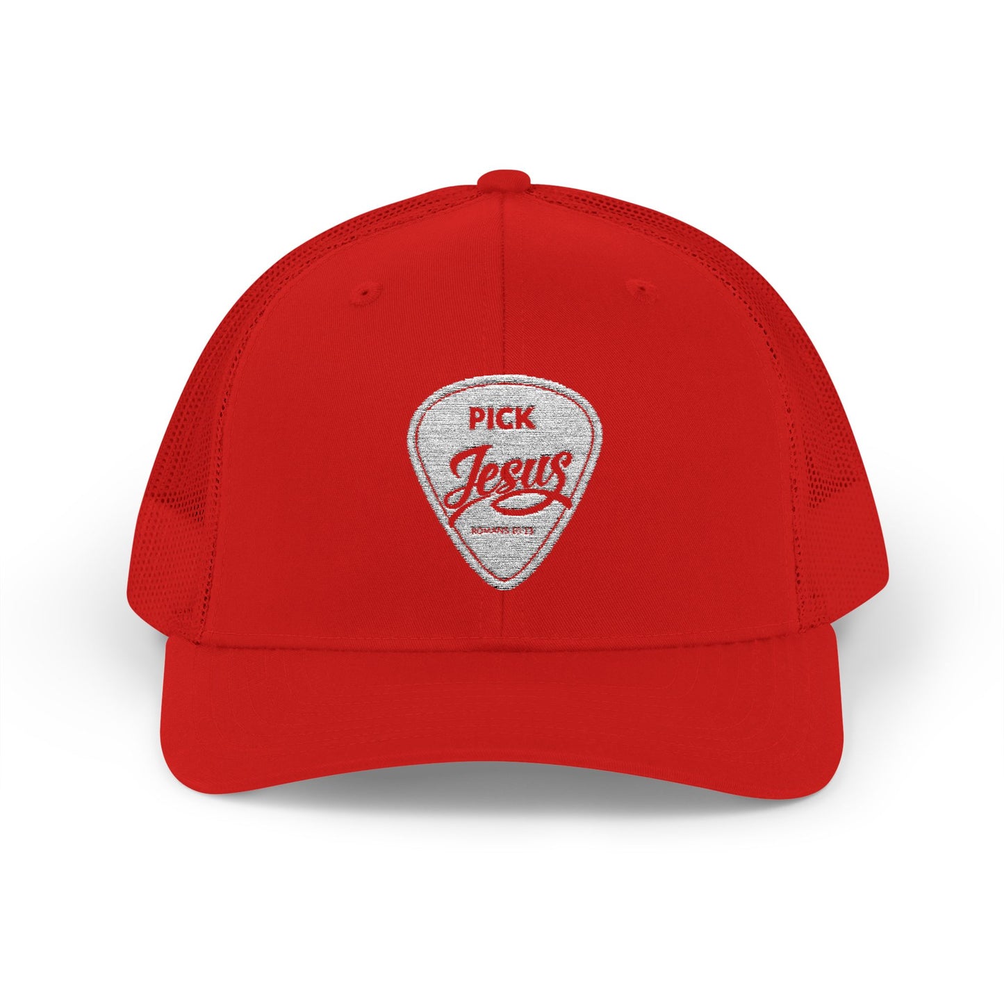 Pick Jesus Guitar Pick Snapback Trucker Cap Christian Guitar Pick Design (Romans 10:13)