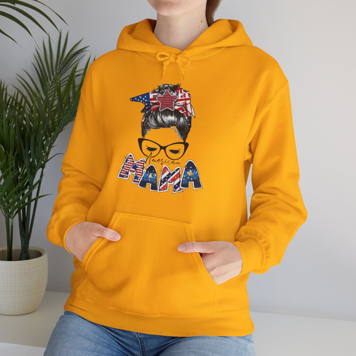 #250 Mama USA Flag Messy Bun Hoodie