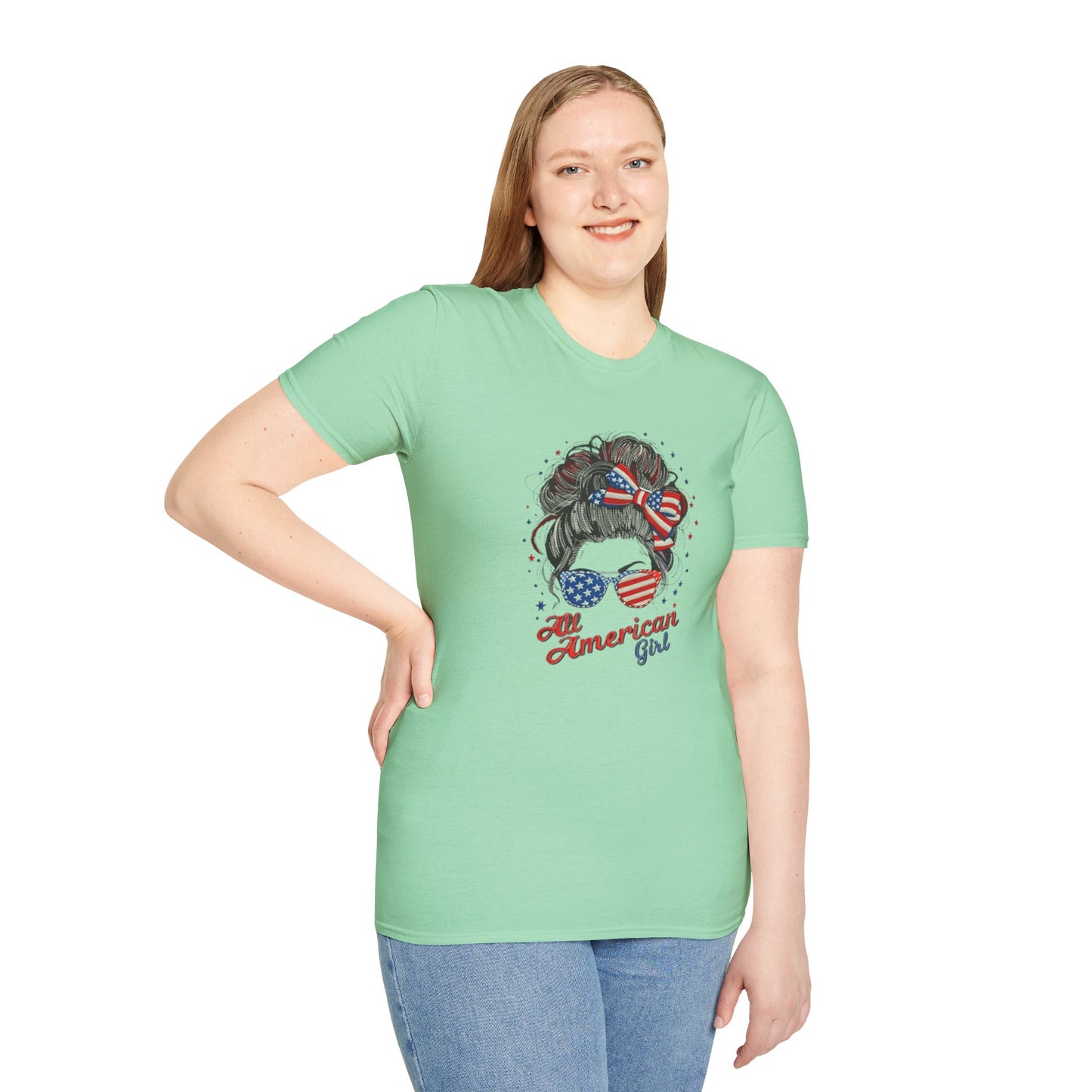 #250 "All American Girl" Patriotic Messy Bun T-Shirt