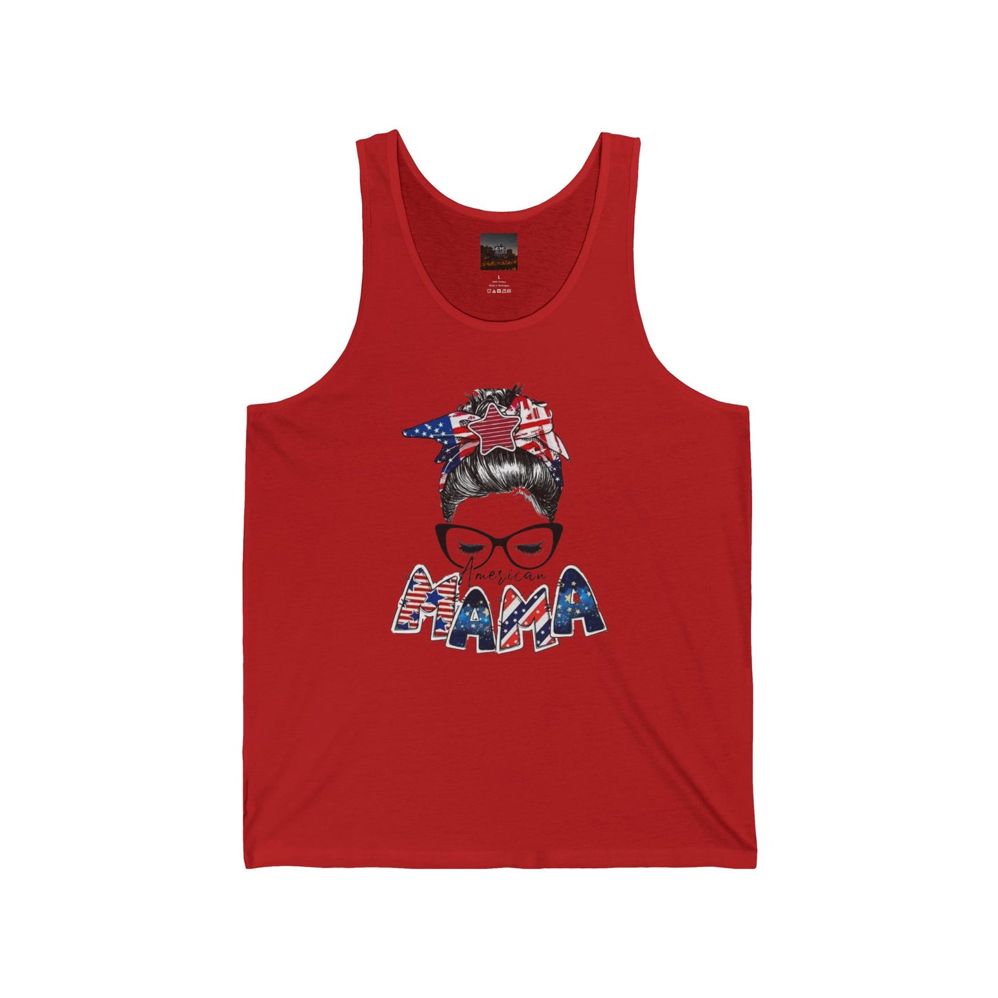 #250 Mama USA Flag Messy Bun Tank Top