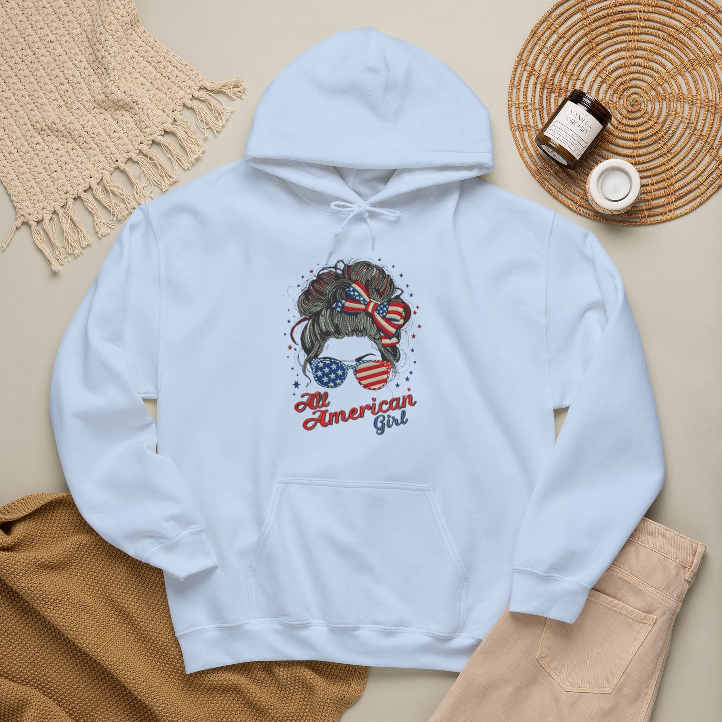 #250 "All American Girl" Patriotic Messy Bun Hoodie