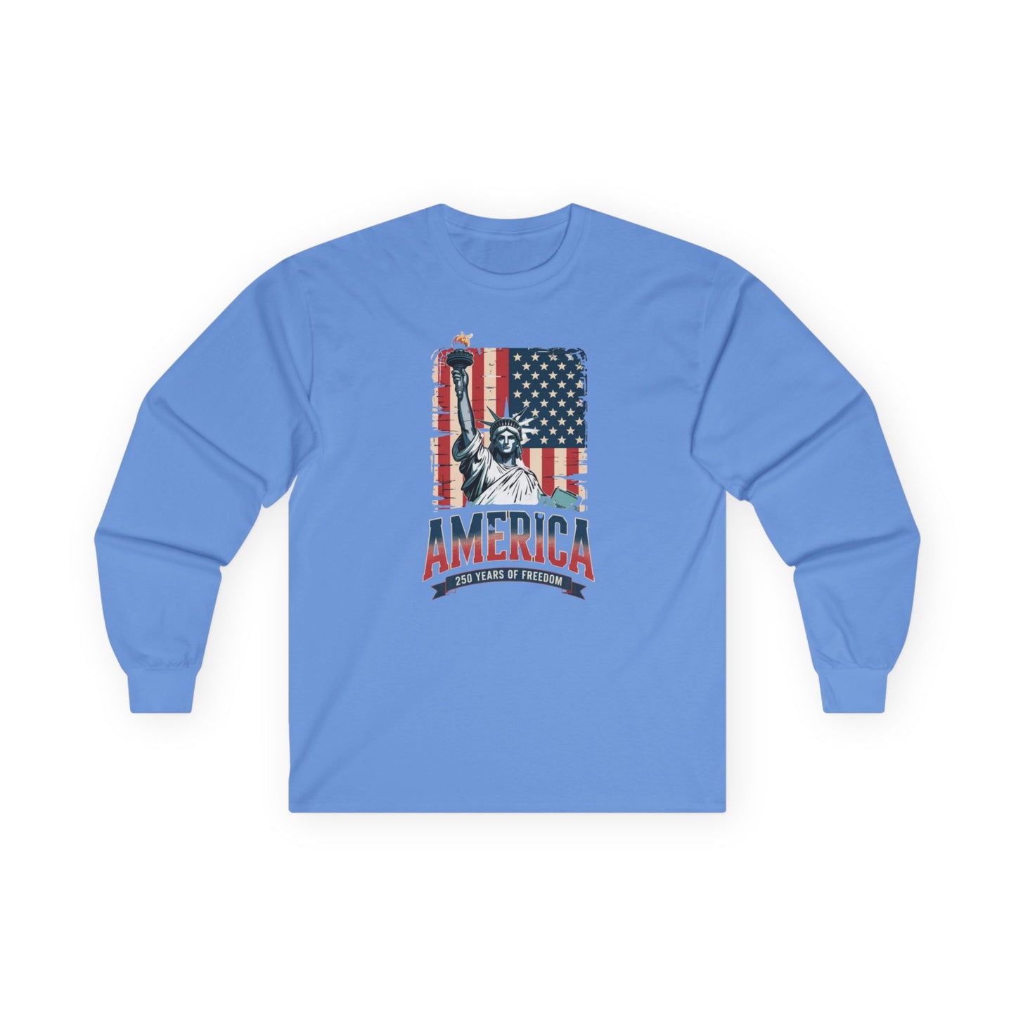 #250 Statue of Liberty American Flag 'America' Patriotic Independence Day Long Sleeve Tee