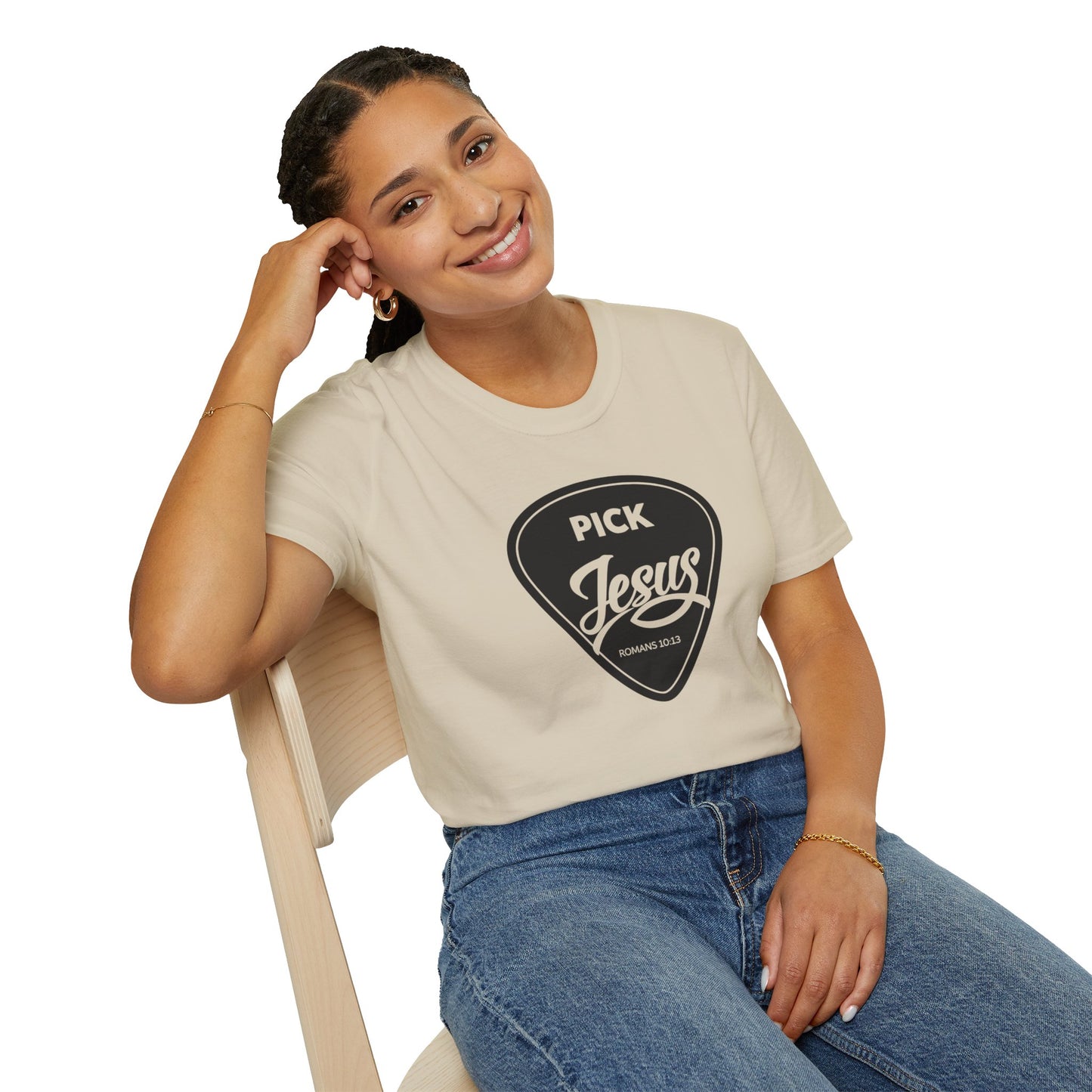 Pick Jesus T-Shirt — Christian Guitar Pick Design (Romans 10:13)