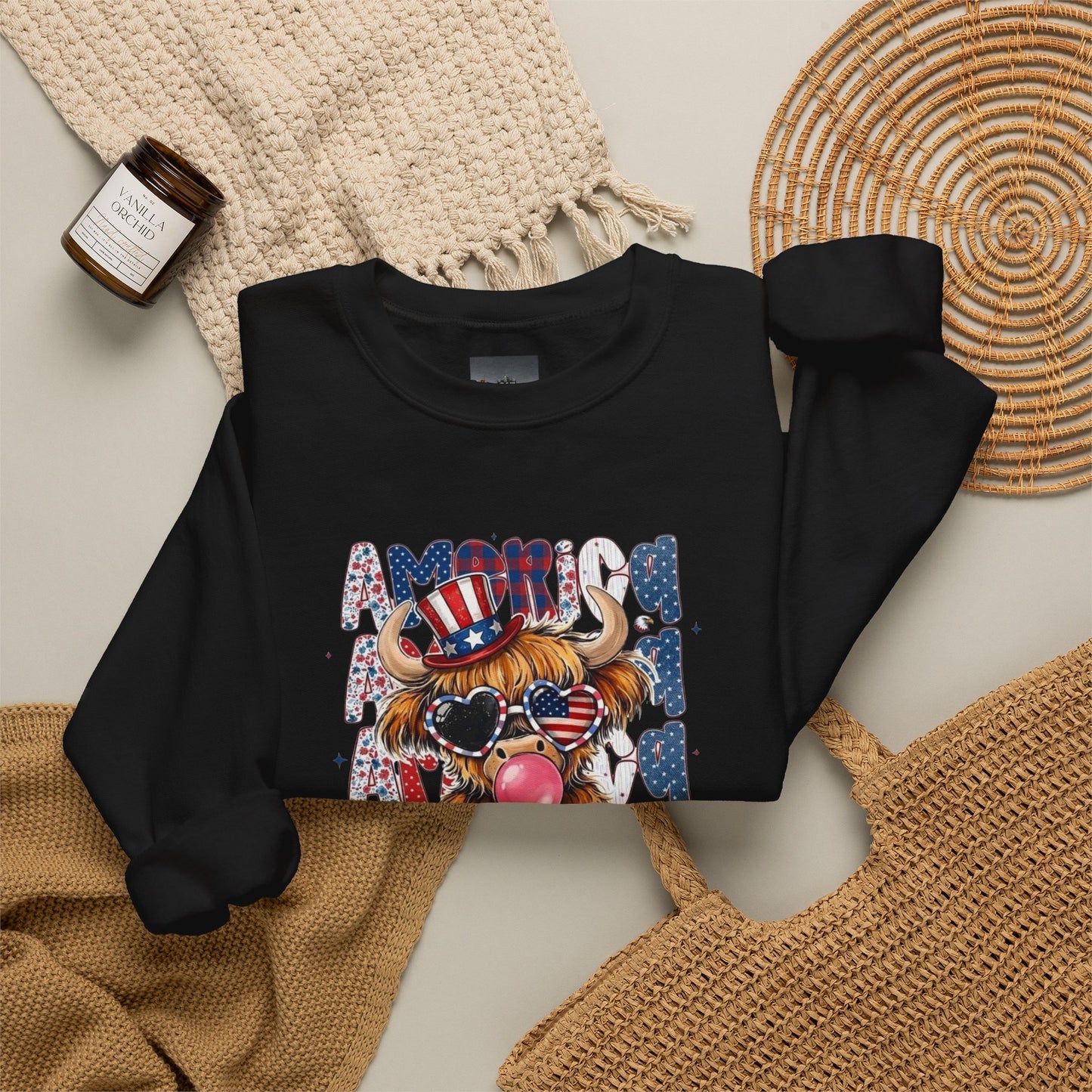 #250 American Flag Bubblegum Patriotic Highland Cow Sweatshirt