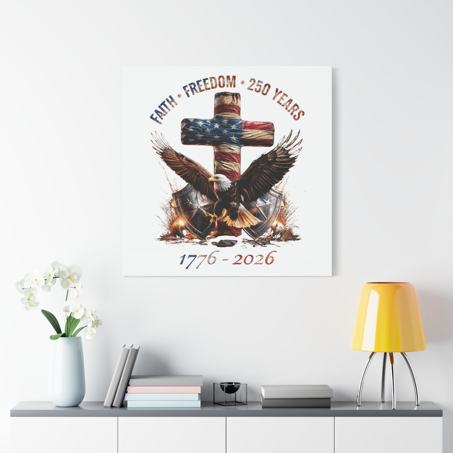 #250 Faith • Freedom 250 Years American Flag Cross & Eagle 1776-2026 Matte Canvas Wall Art