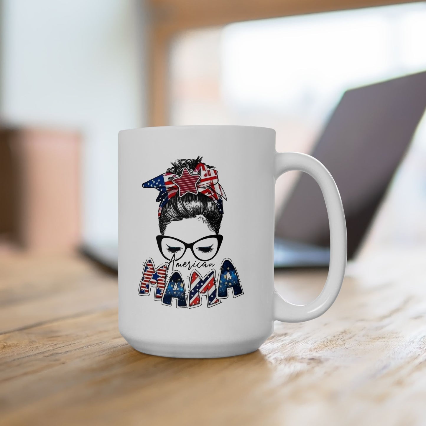 #250 Mama USA Flag Messy Bun Ceramic Mug - 11oz & 15oz